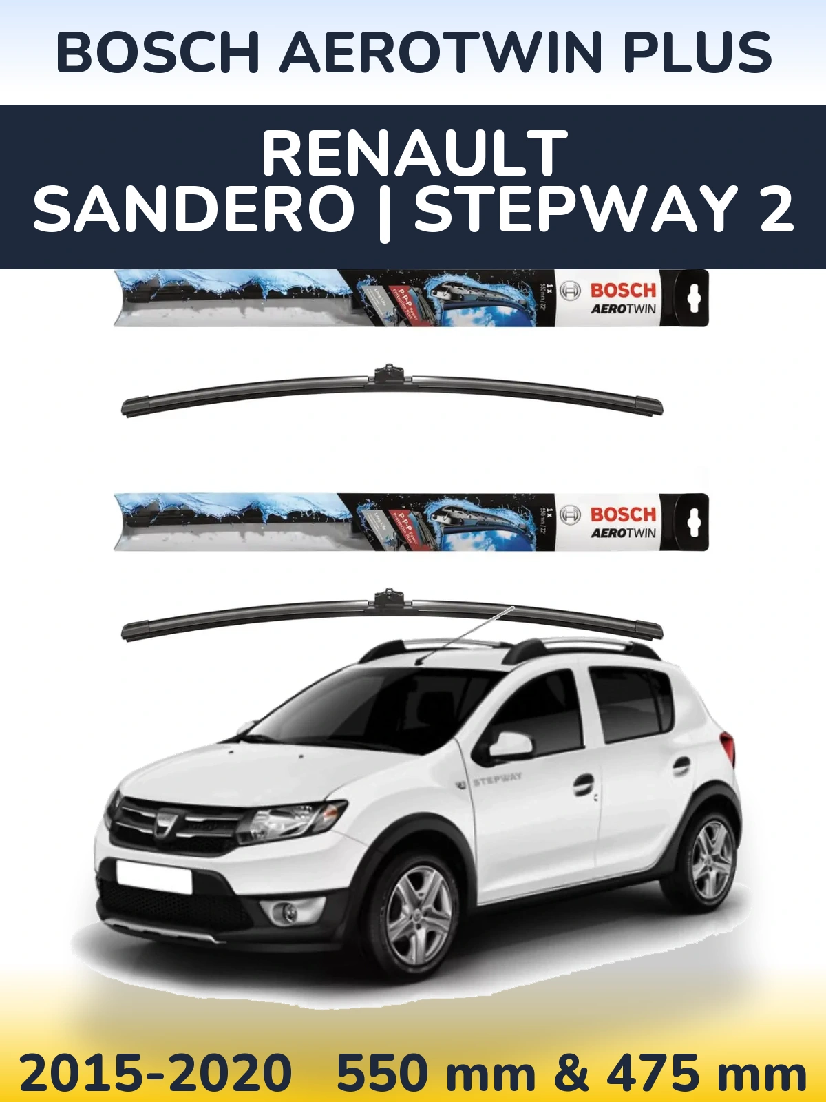 Komplet przednich wycieraczek BOSCH AeroTwin Plus 550 & 475 mm do Renault Sandero | Stepway 2 2015-2020