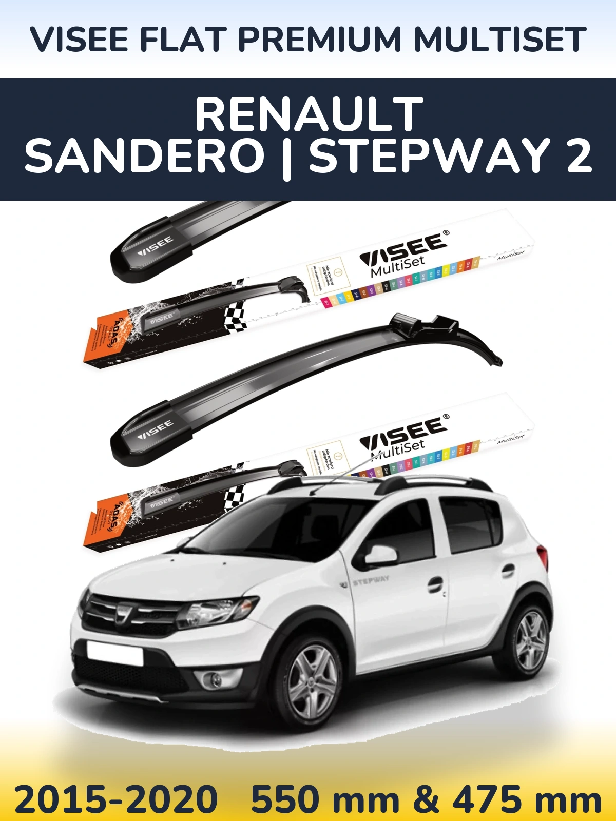 Komplet przednich wycieraczek VISEE FLAT PREMIUM MultiSet 550 & 475 mm do Renault Sandero | Stepway 2 2015-2020