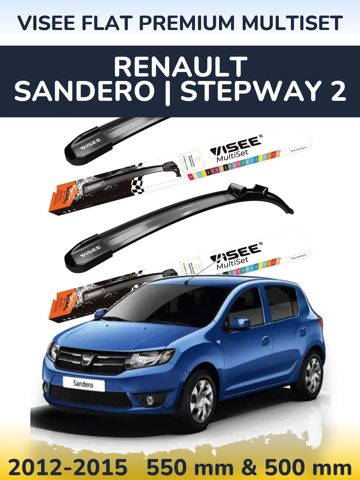 Komplet przednich wycieraczek VISEE FLAT PREMIUM MultiSet 550 & 500 mm do Renault Sandero | Stepway 2 2012-2015