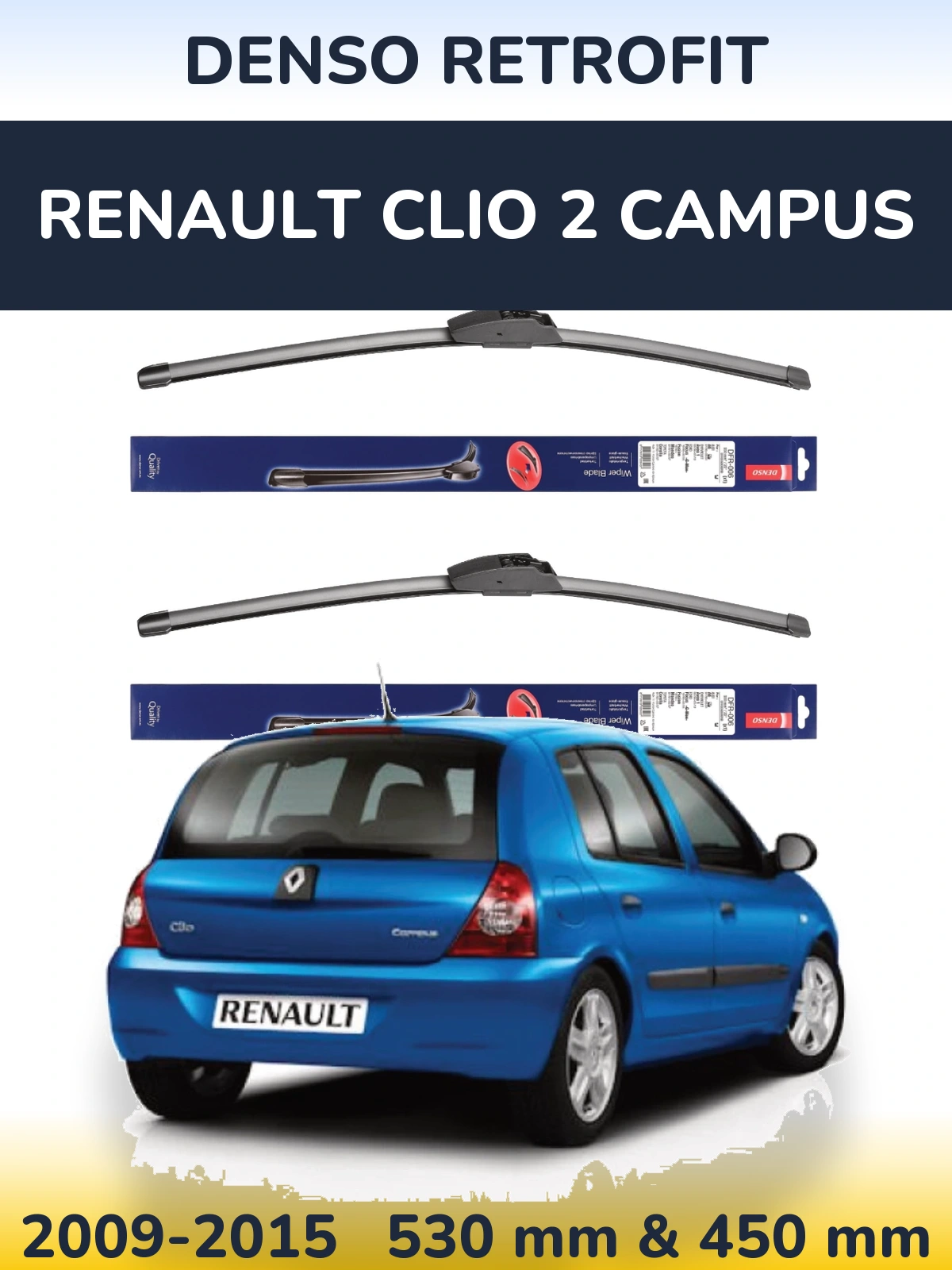 Komplet przednich wycieraczek Denso Retrofit 530 & 450 mm do Renault Clio 2 Campus 2009-2015