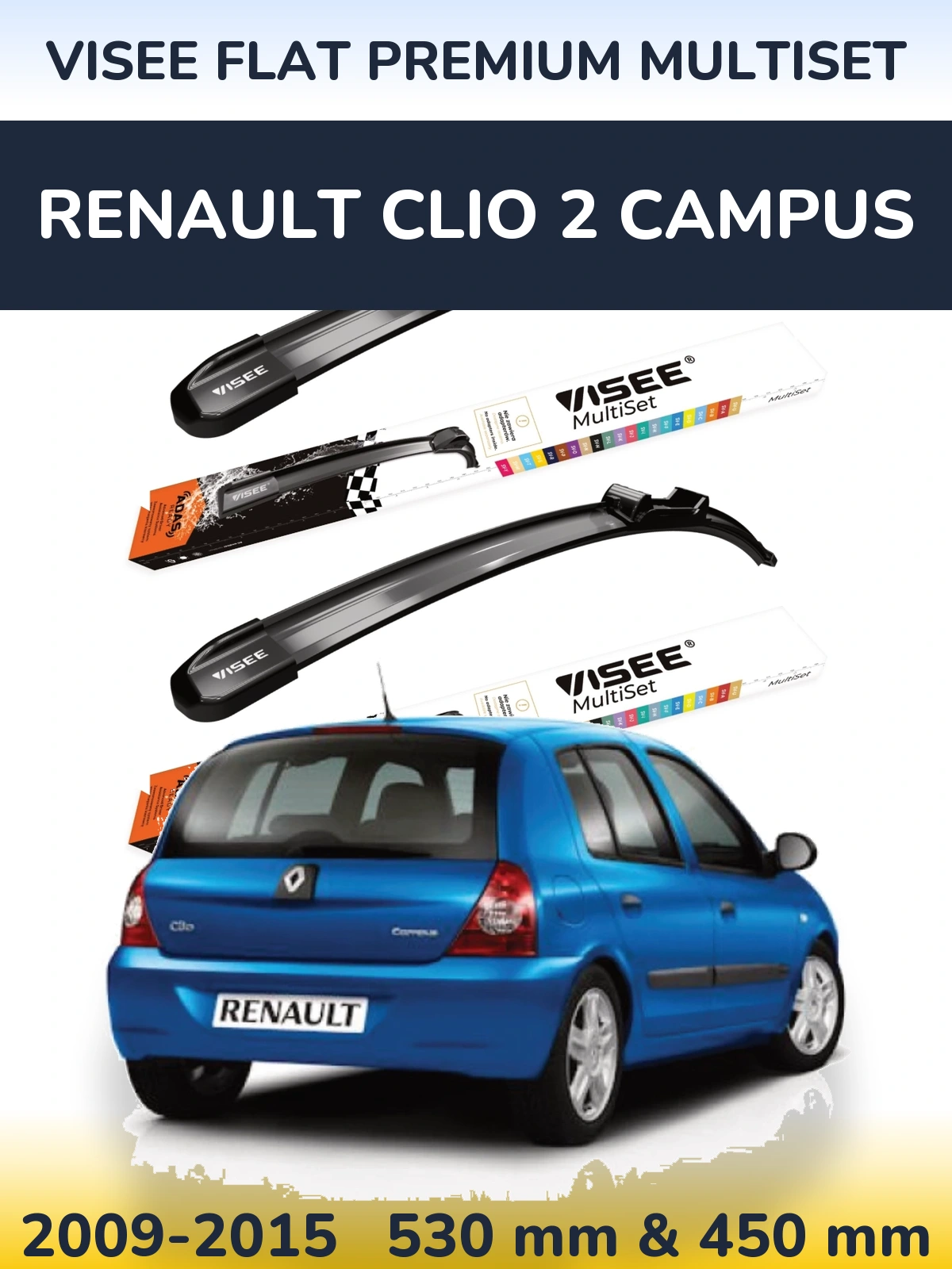 Komplet przednich wycieraczek VISEE FLAT PREMIUM MultiSet 530 & 450 mm do Renault Clio 2 Campus 2009-2015