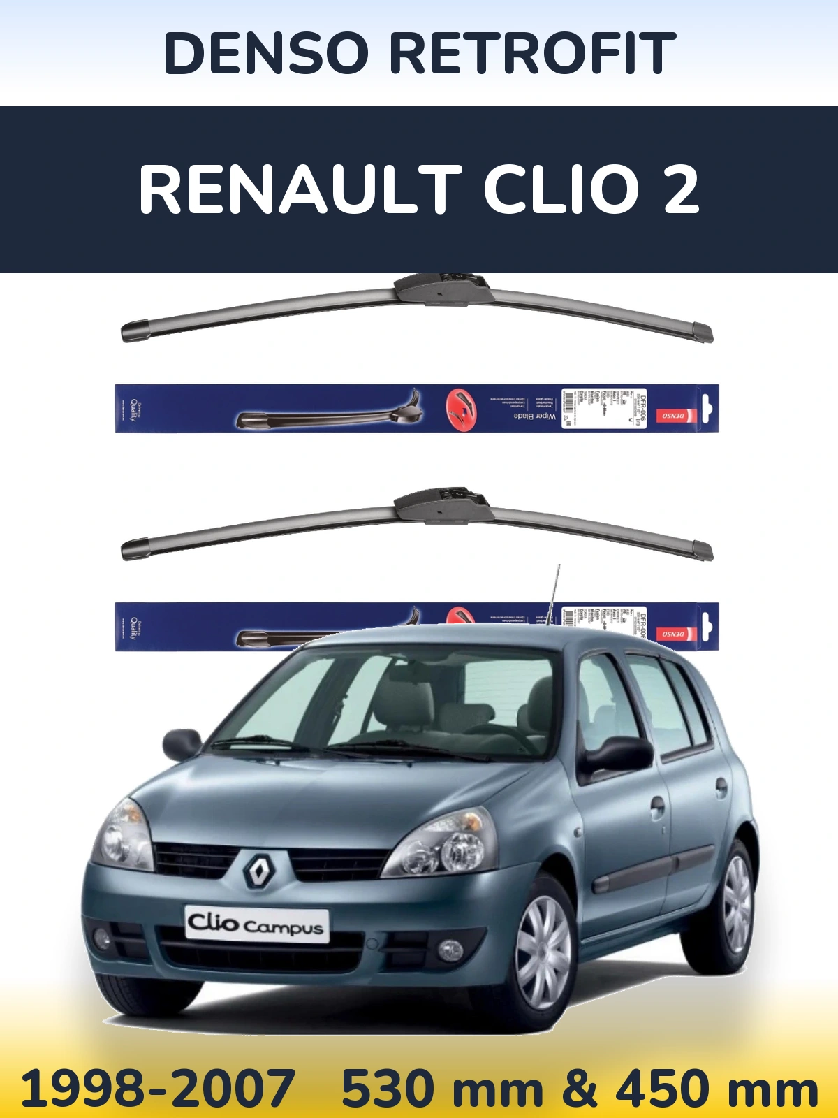 Комплект передних дворников Denso Retrofit 530 & 450 мм для Renault Clio 2 1998-2007