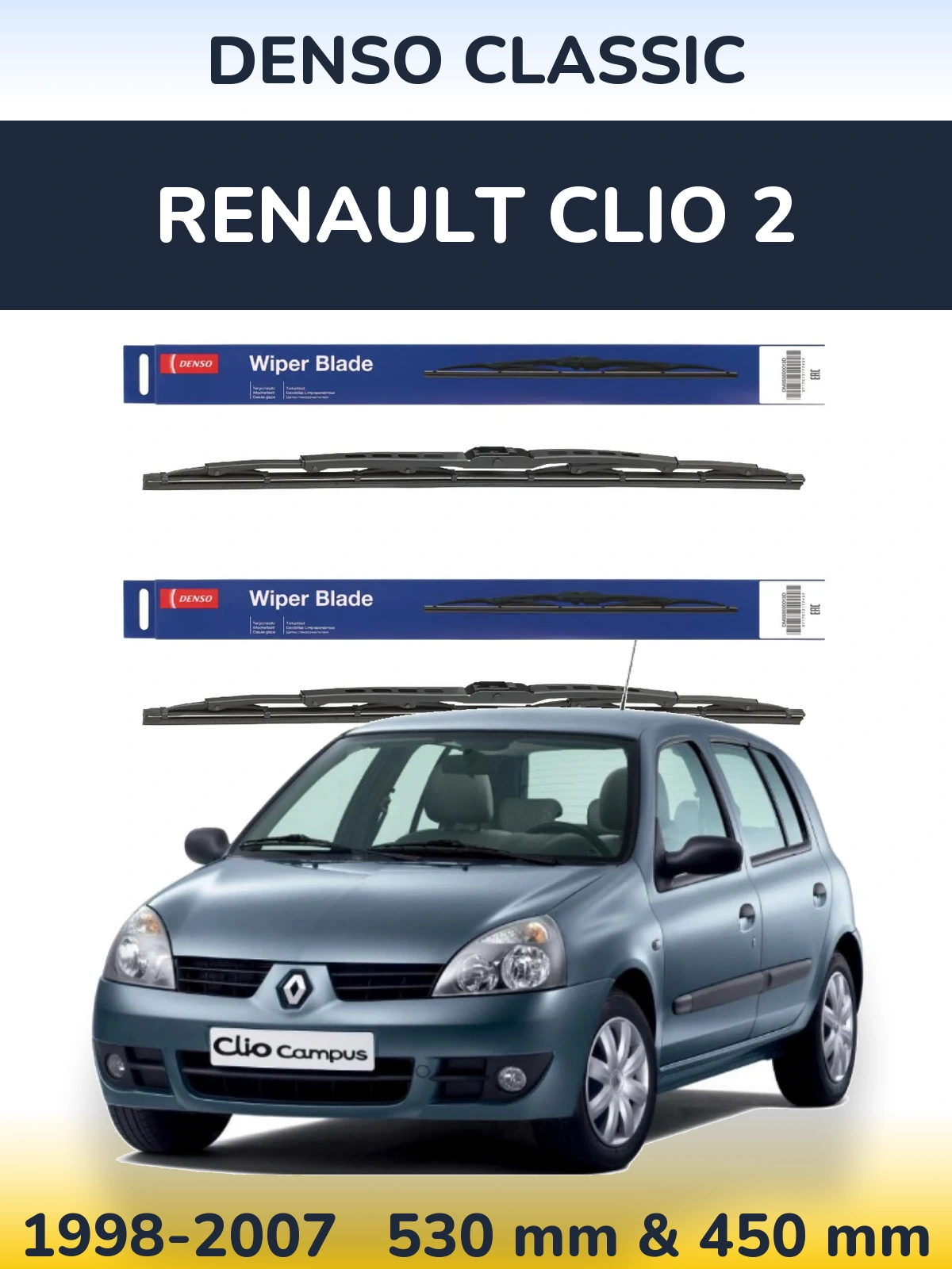 Komplet przednich wycieraczek Denso Classic 530 & 450 mm do Renault Clio 2 1998-2007