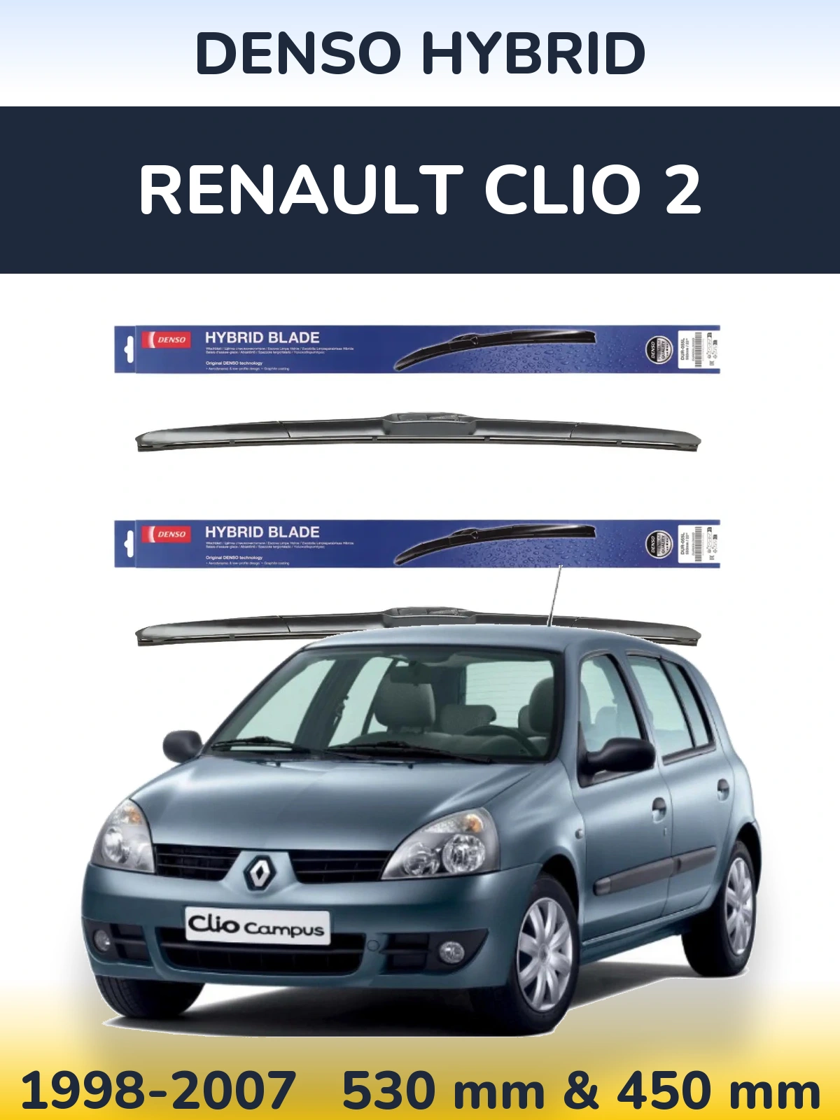 Komplet przednich wycieraczek Denso Hybrid 530 & 450 mm do Renault Clio 2 1998-2007