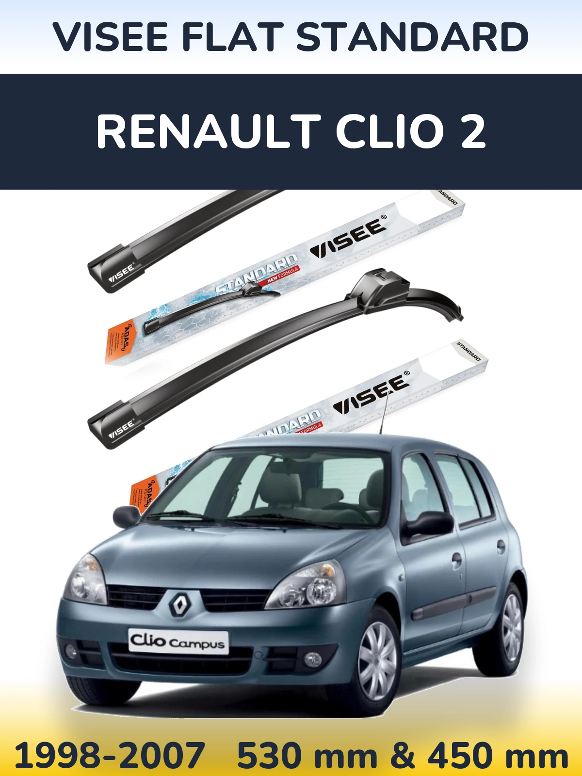Komplet przednich wycieraczek VISEE FLAT STANDARD 530 & 450 mm do Renault Clio 2 1998-2007