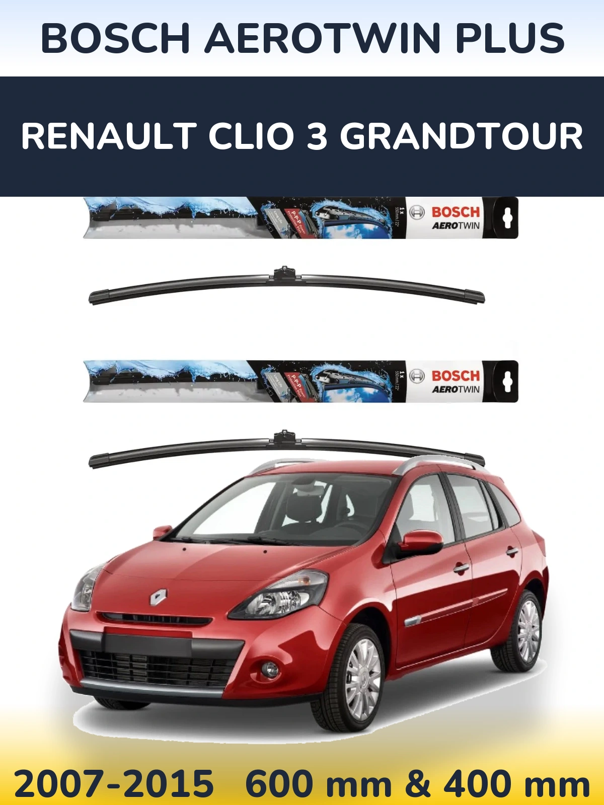 Komplet przednich wycieraczek BOSCH AeroTwin Plus 600 & 400 mm do Renault Clio 3 Grandtour 2007-2015