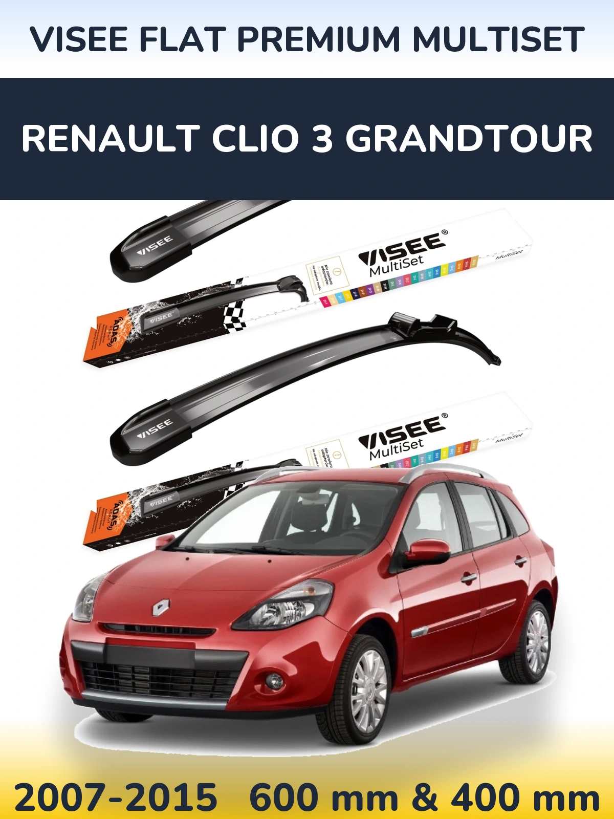 Komplet przednich wycieraczek VISEE FLAT PREMIUM MultiSet 600 & 400 mm do Renault Clio 3 Grandtour 2007-2015