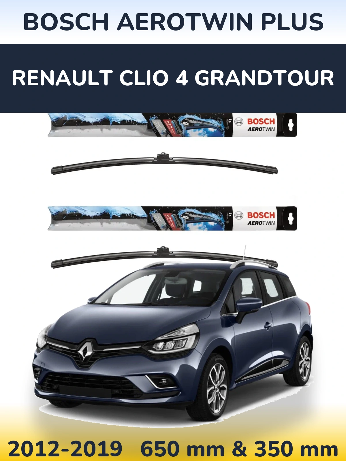 Front wiper blade set BOSCH AeroTwin Plus 650 & 350 mm for Renault Clio 4 Grandtour 2012-2019