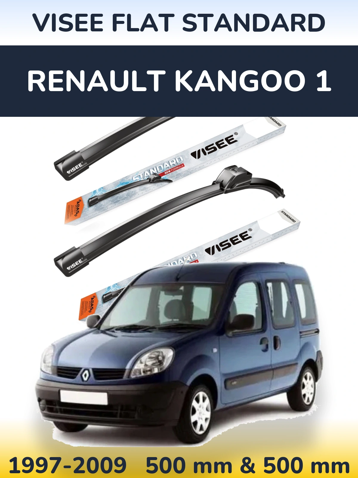 Komplet przednich wycieraczek VISEE FLAT STANDARD 500 & 500 mm do Renault Kangoo 1 1997-2009