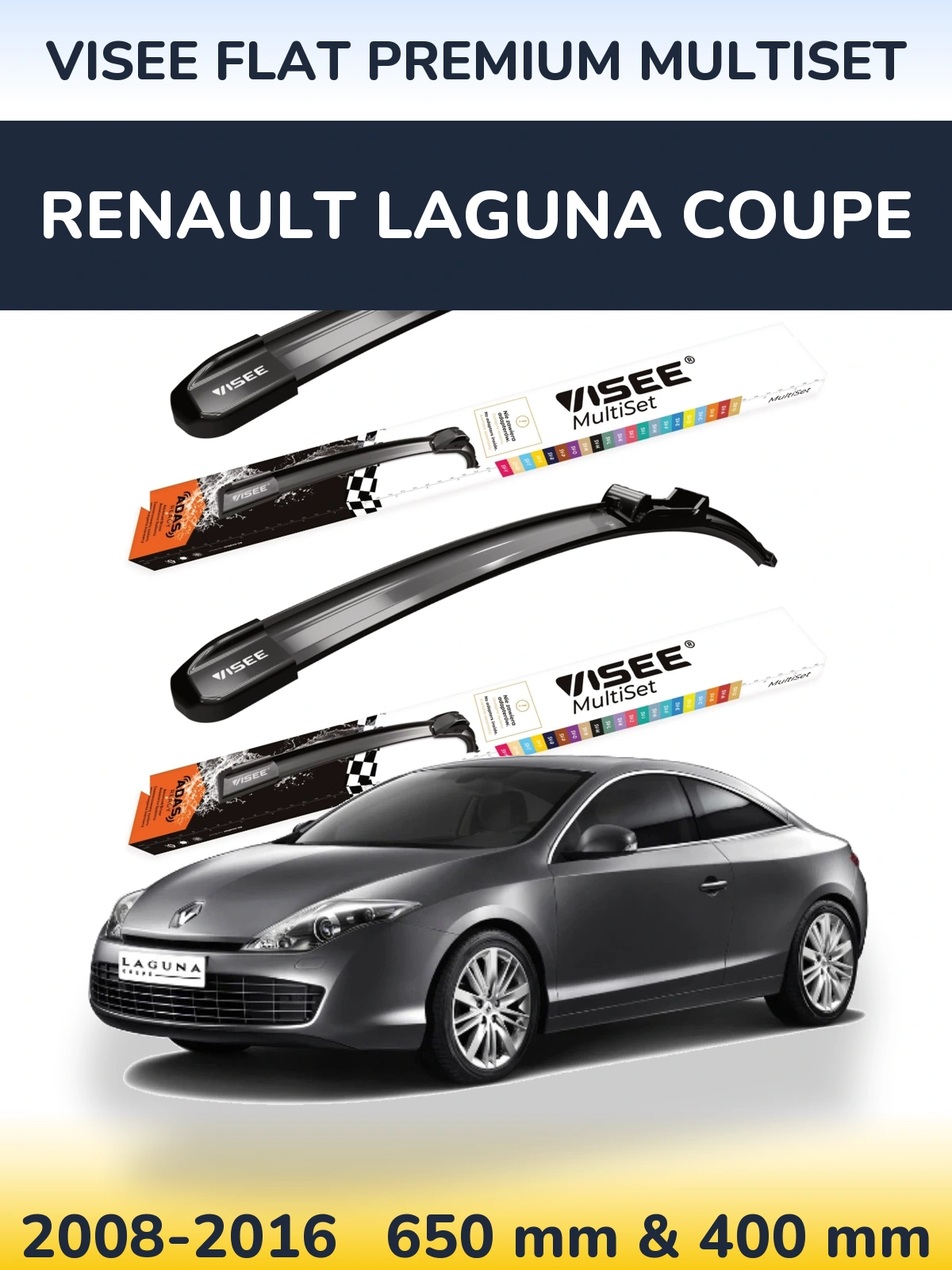 Komplet przednich wycieraczek VISEE FLAT PREMIUM MultiSet 650 & 400 mm do Renault Laguna Coupe 2008-2016