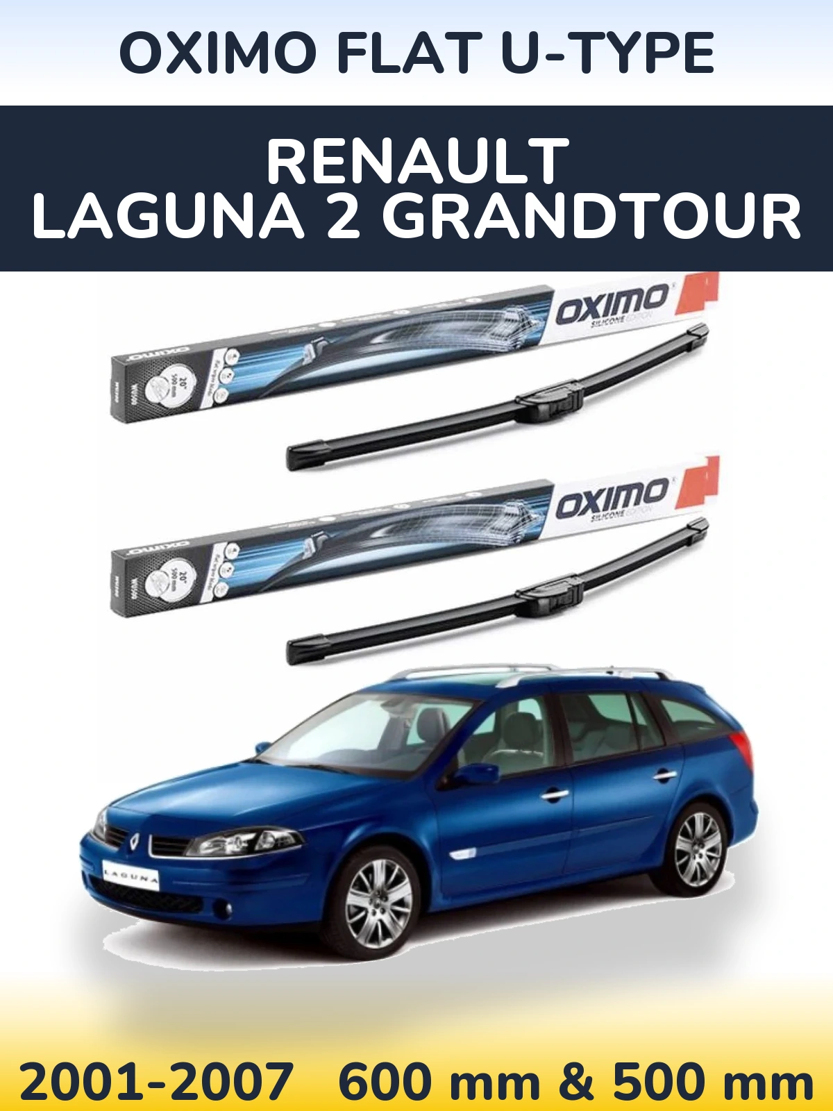 Комплект передних дворников Oximo Flat U-type 600 & 500 мм для Renault Laguna 2 Grandtour 2001-2007