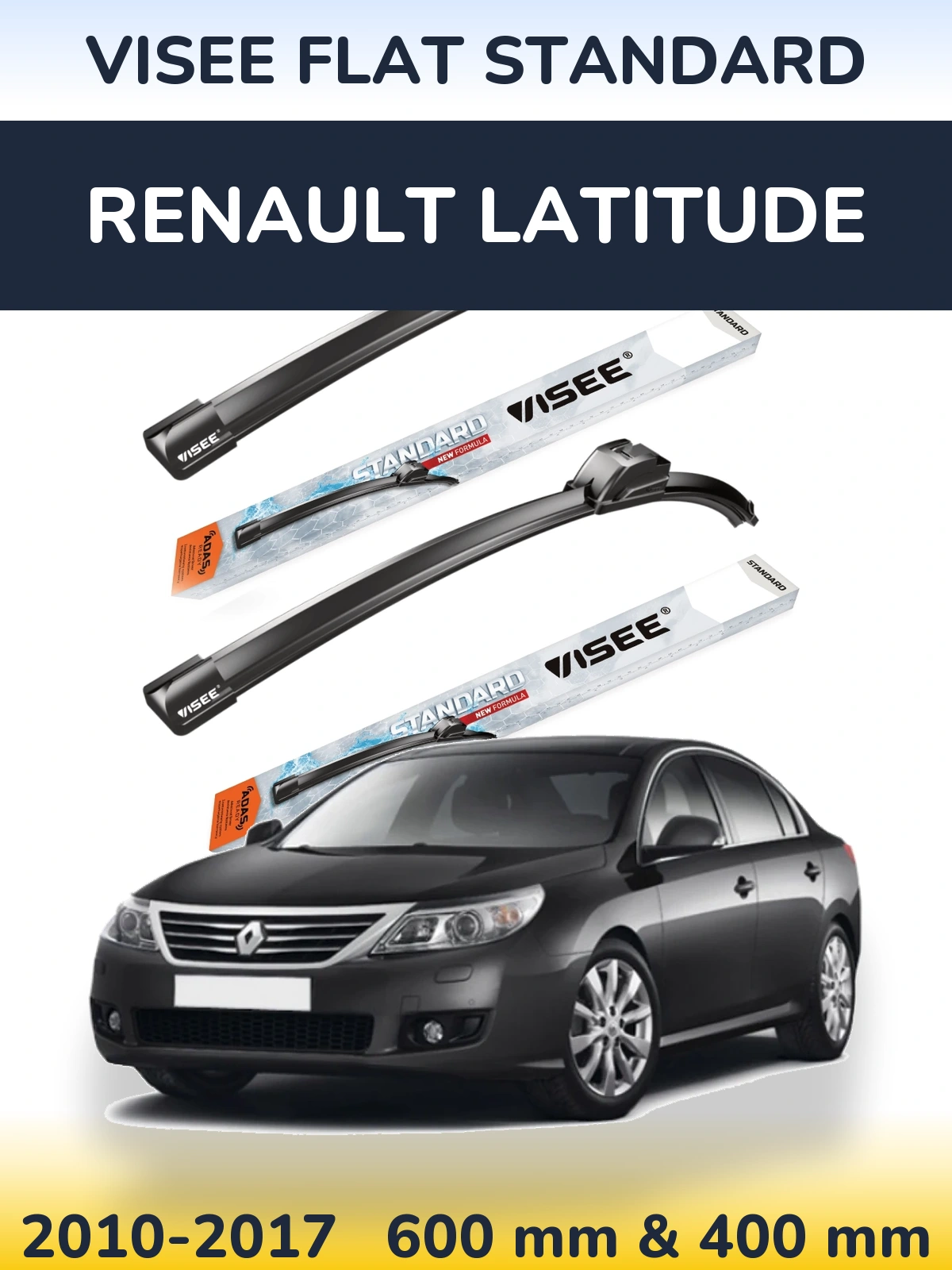 Front wiper blade set VISEE FLAT STANDARD 600 & 400 mm for Renault Latitude 2010-2017