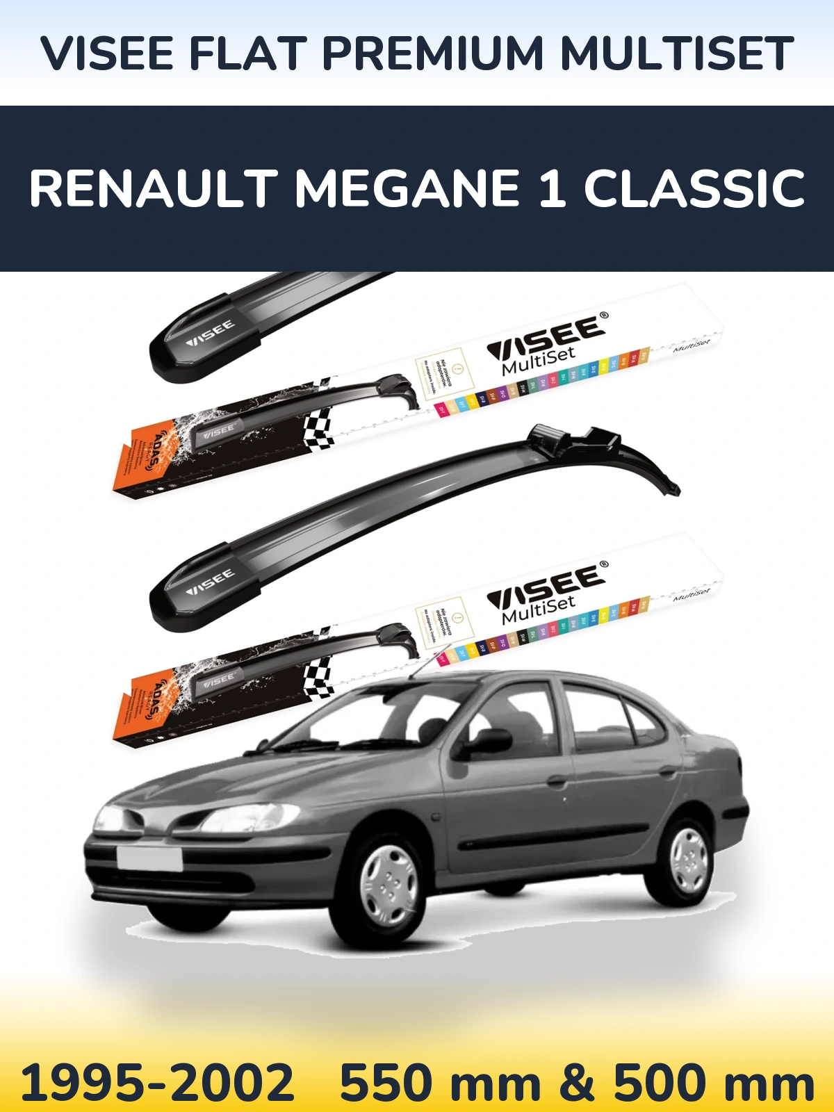 Комплект передних дворников VISEE FLAT PREMIUM MultiSet 550 & 500 мм для Renault Megane 1 Classic 1995-2002