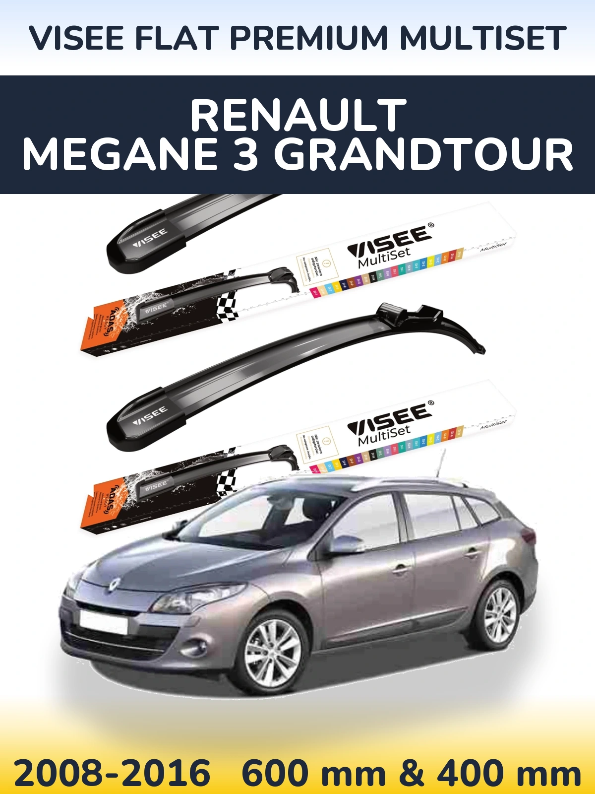 Комплект передних дворников VISEE FLAT PREMIUM MultiSet 600 & 400 мм для Renault Megane 3 Grandtour 2008-2016