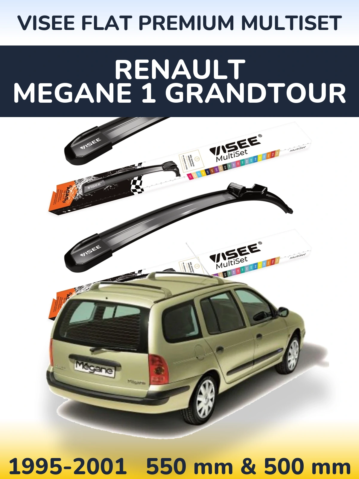 Комплект передних дворников VISEE FLAT PREMIUM MultiSet 550 & 500 мм для Renault Megane 1 Grandtour 1995-2001