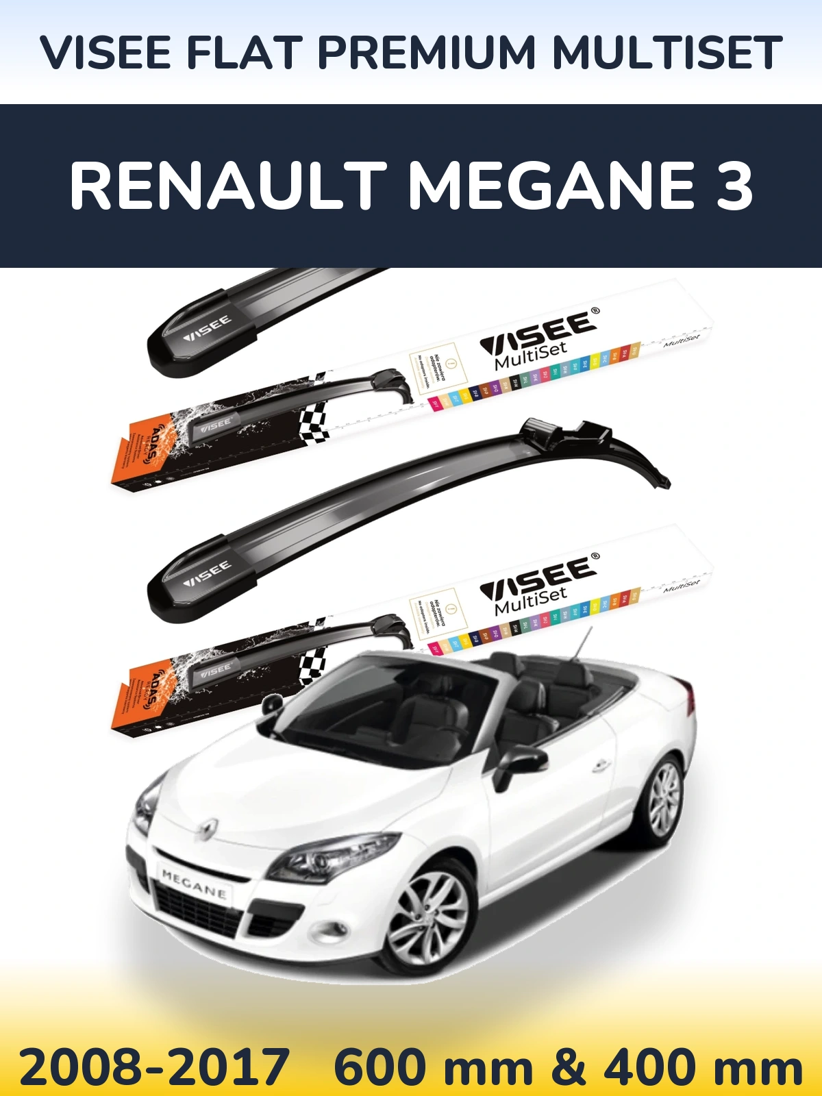 Komplet przednich wycieraczek VISEE FLAT PREMIUM MultiSet 600 & 400 mm do Renault Megane 3 2008-2017