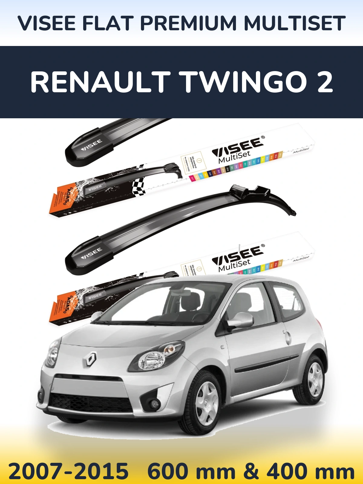 Front wiper blade set VISEE FLAT PREMIUM MultiSet 600 & 400 mm for Renault Twingo 2 2007-2015
