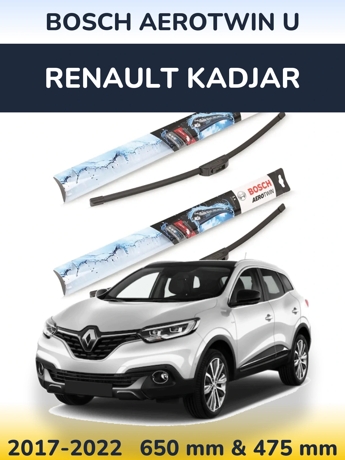 Комплект передних дворников BOSCH AeroTwin U 650 & 475 мм для Renault Kadjar 2017-2022