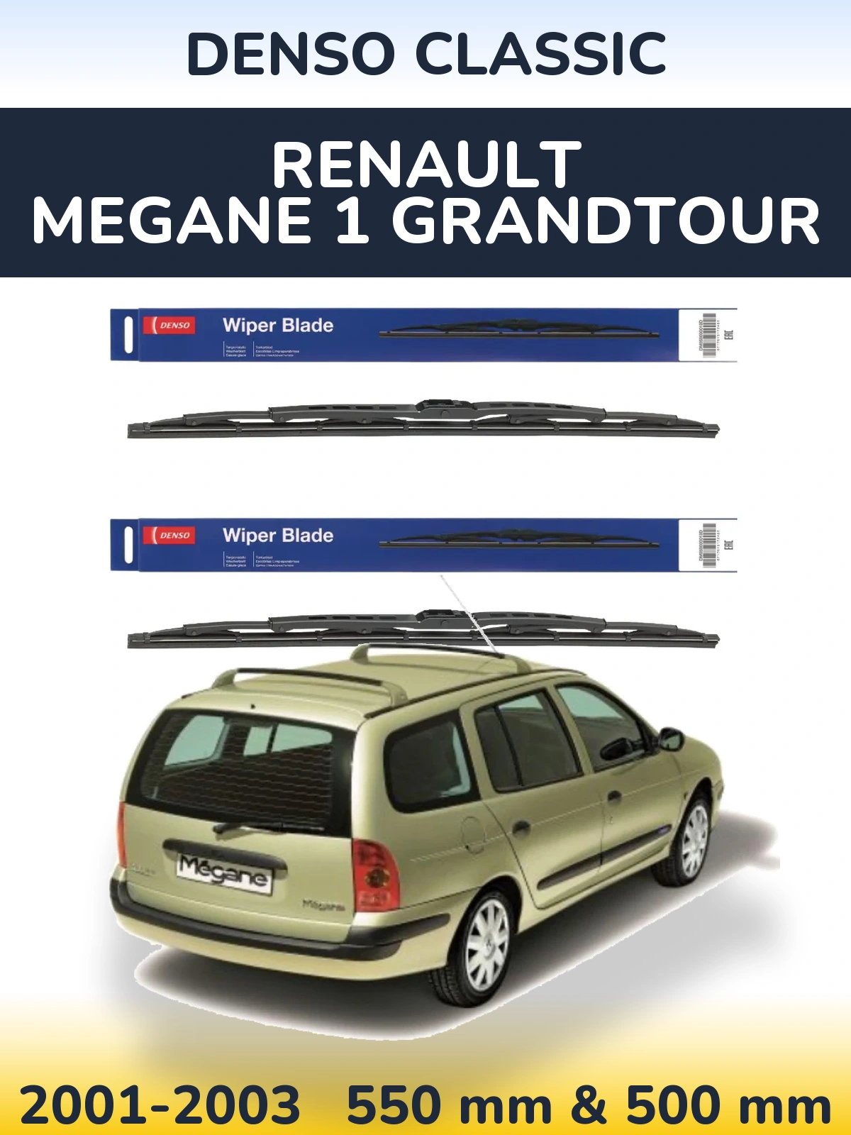Front wiper blade set Denso Classic 550 & 500 mm for Renault Megane 1 Grandtour 2001-2003