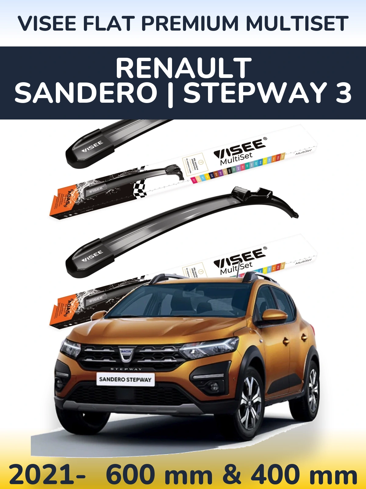 Komplet przednich wycieraczek VISEE FLAT PREMIUM MultiSet 600 & 400 mm do Renault Sandero | Stepway 3 2021-2026