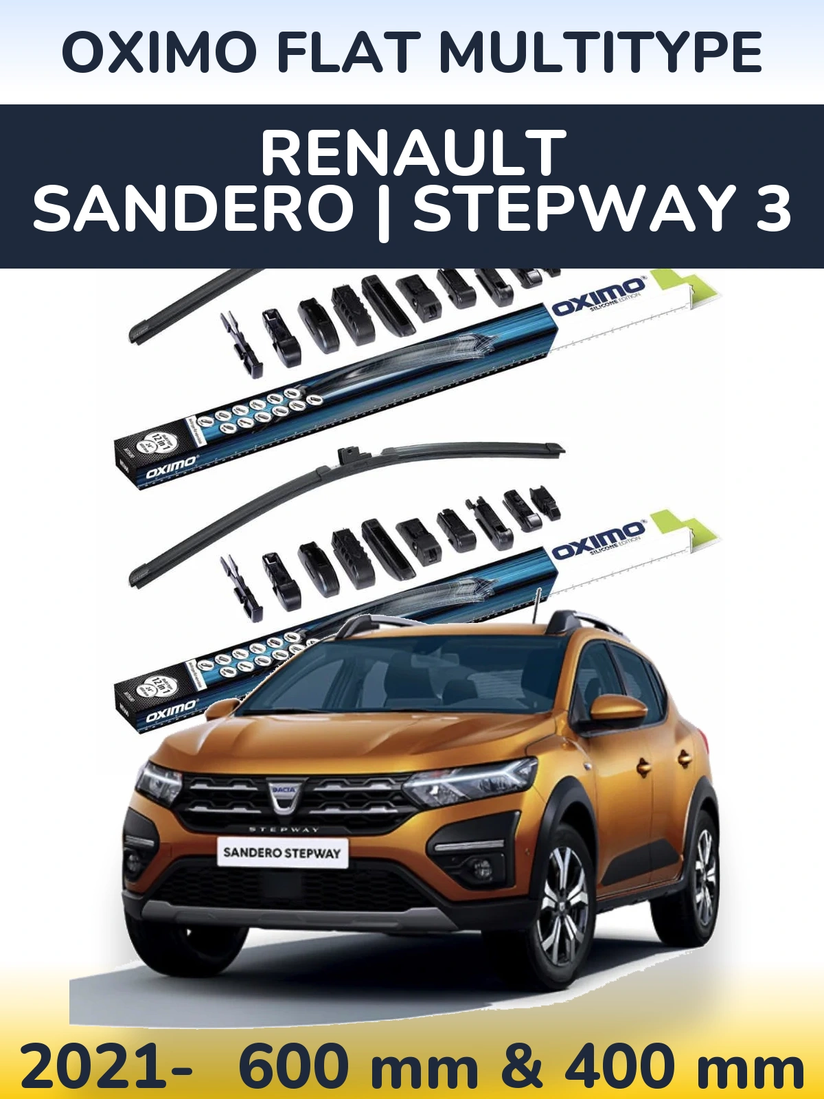 Komplet przednich wycieraczek Oximo Flat MultiType 600 & 400 mm do Renault Sandero | Stepway 3 2021-2026