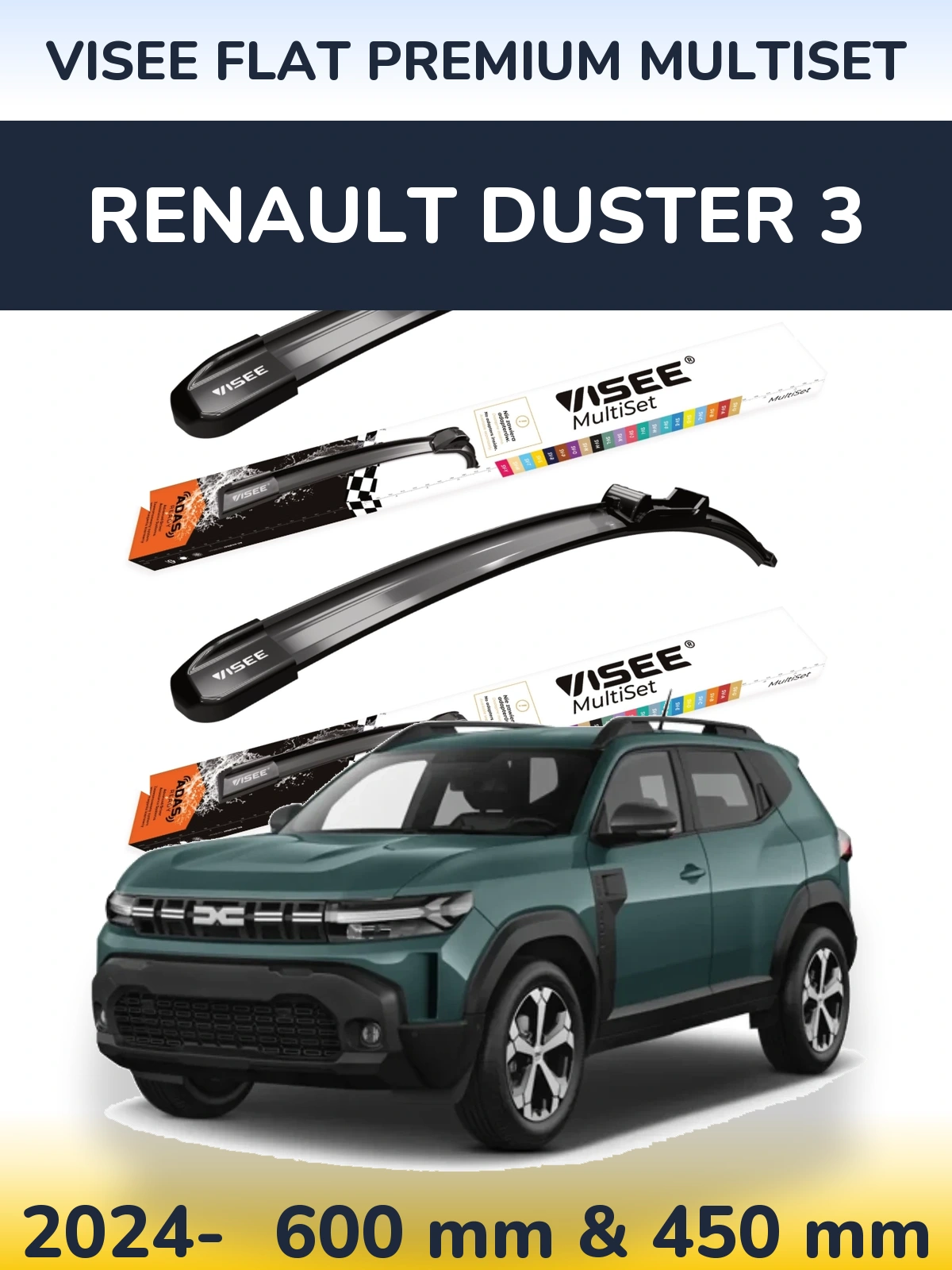 Front wiper blade set VISEE FLAT PREMIUM MultiSet 600 & 450 mm for Renault Duster 3 2024-2026