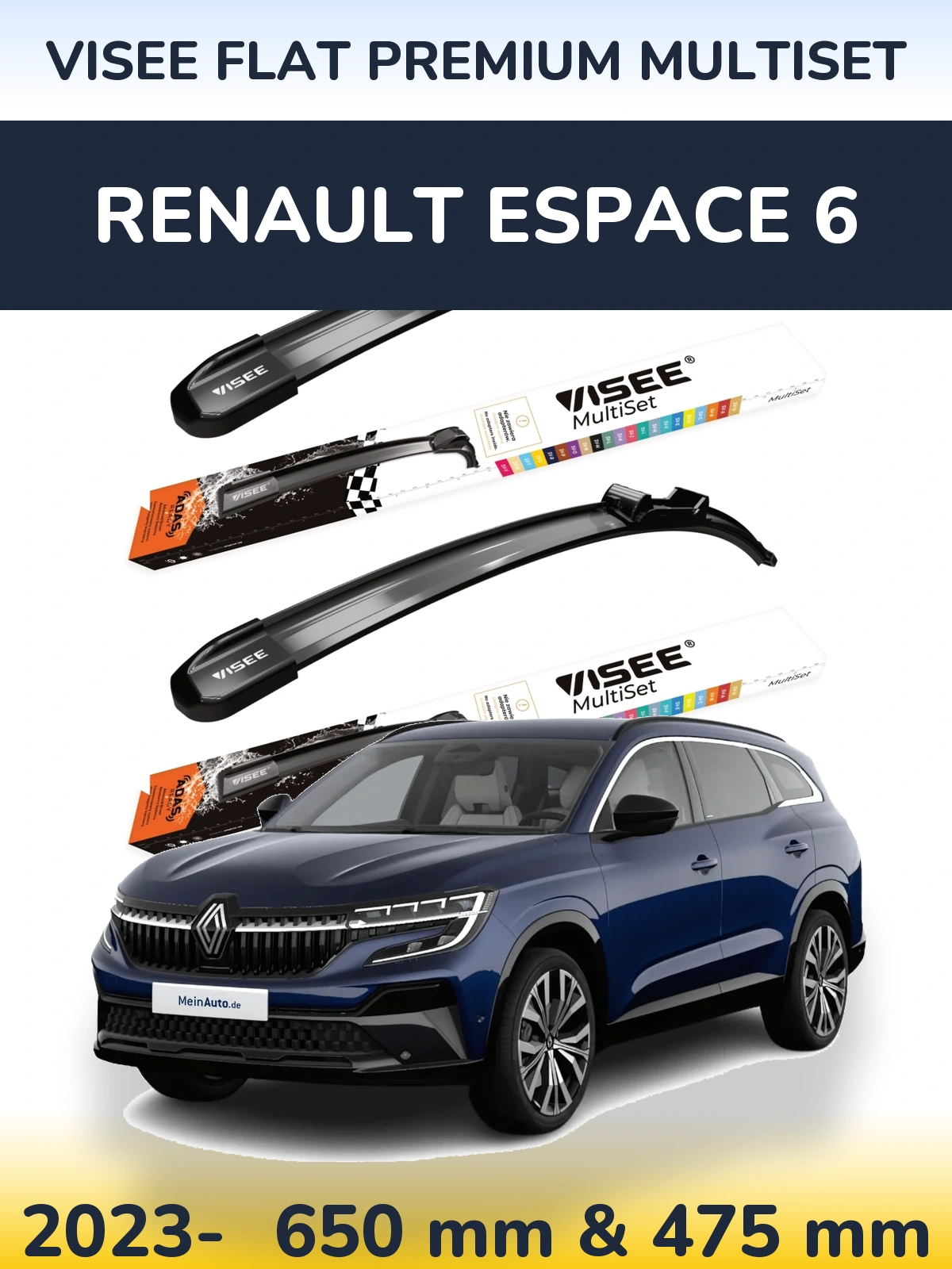 Komplet przednich wycieraczek VISEE FLAT PREMIUM MultiSet 650 & 475 mm do Renault Espace 6 2023-2026