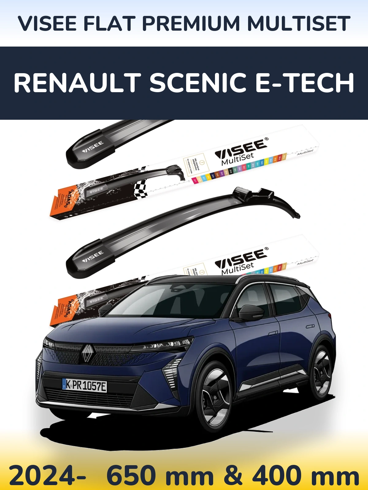 Комплект передних дворников VISEE FLAT PREMIUM MultiSet 650 & 400 мм для Renault Scenic E-Tech 2024-2026