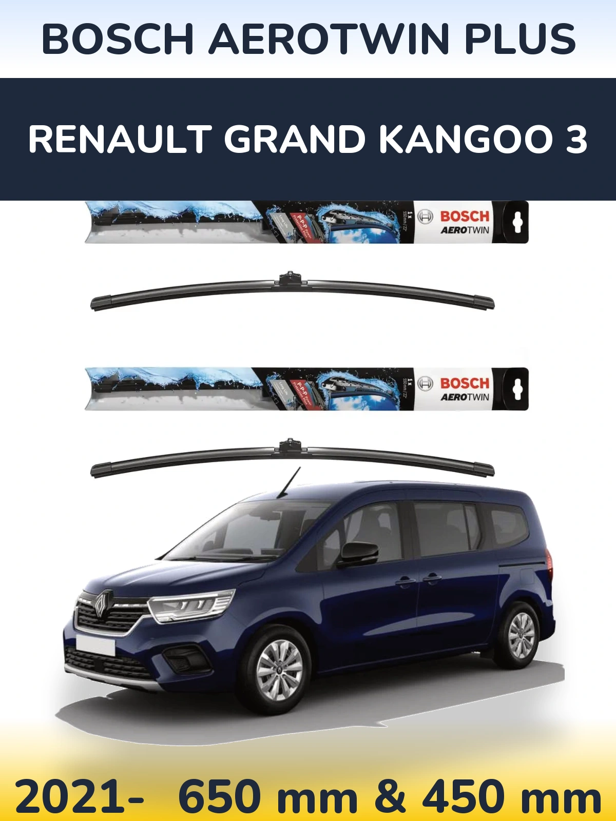 Комплект передних дворников BOSCH AeroTwin Plus 650 & 450 мм для Renault Grand Kangoo 3 2021-2026