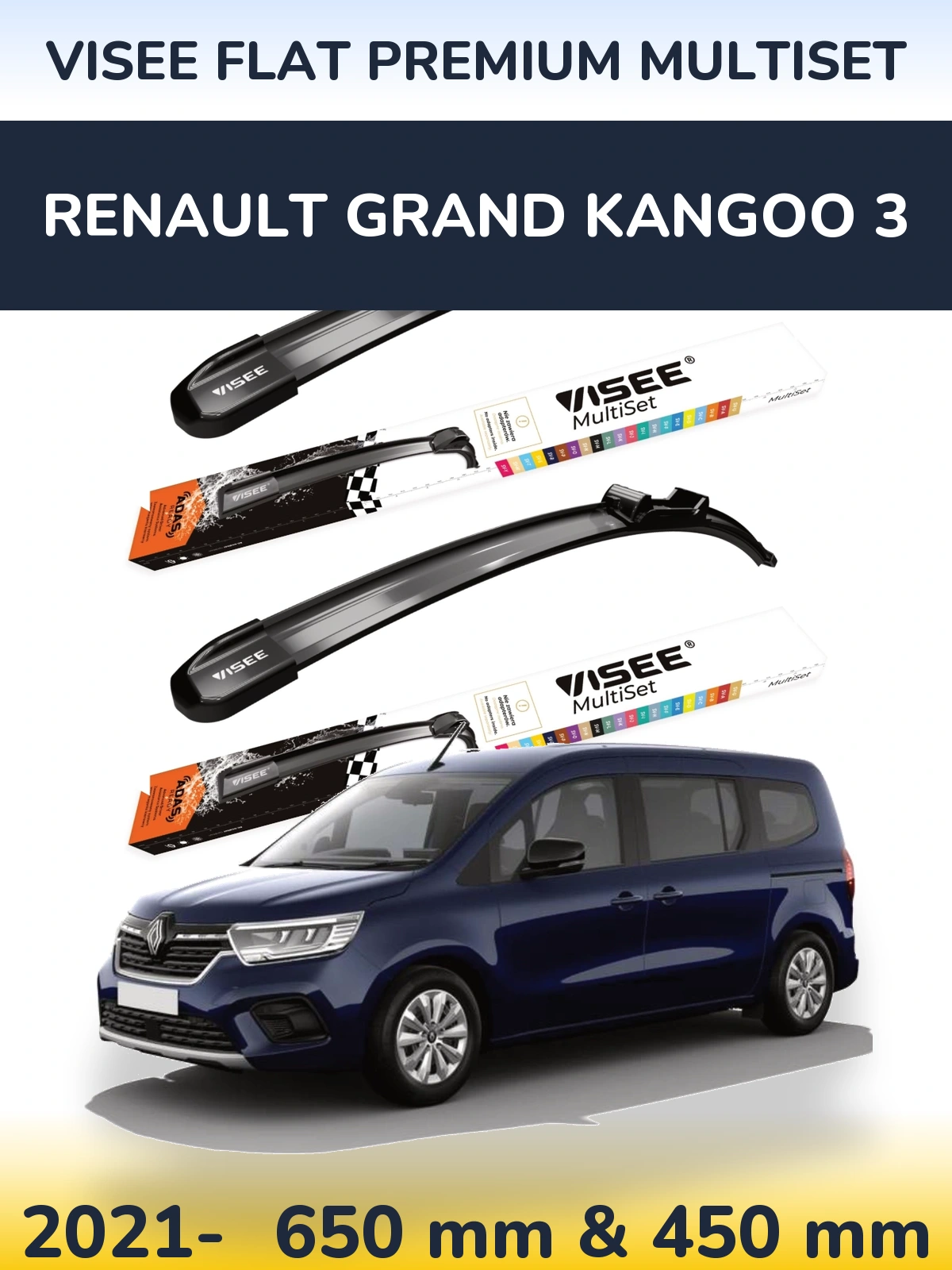 Komplet przednich wycieraczek VISEE FLAT PREMIUM MultiSet 650 & 450 mm do Renault Grand Kangoo 3 2021-2026