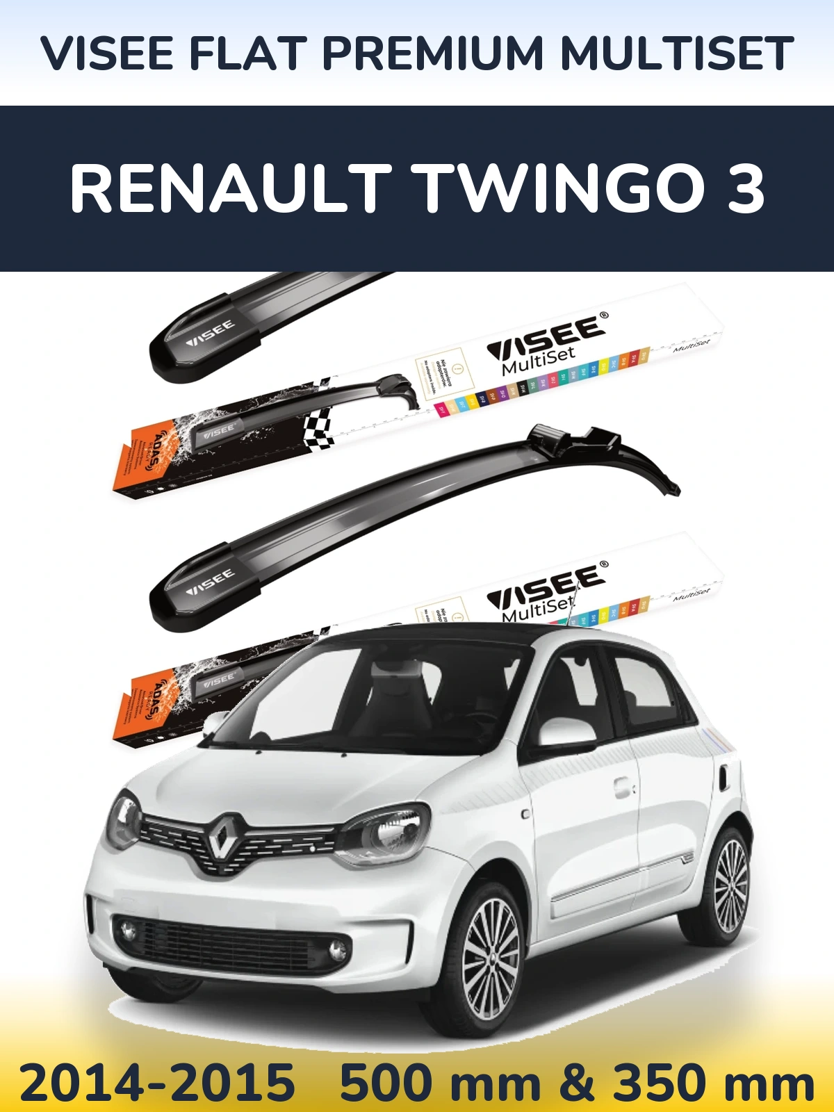 Komplet przednich wycieraczek VISEE FLAT PREMIUM MultiSet 500 & 350 mm do Renault Twingo 3 2014-2015