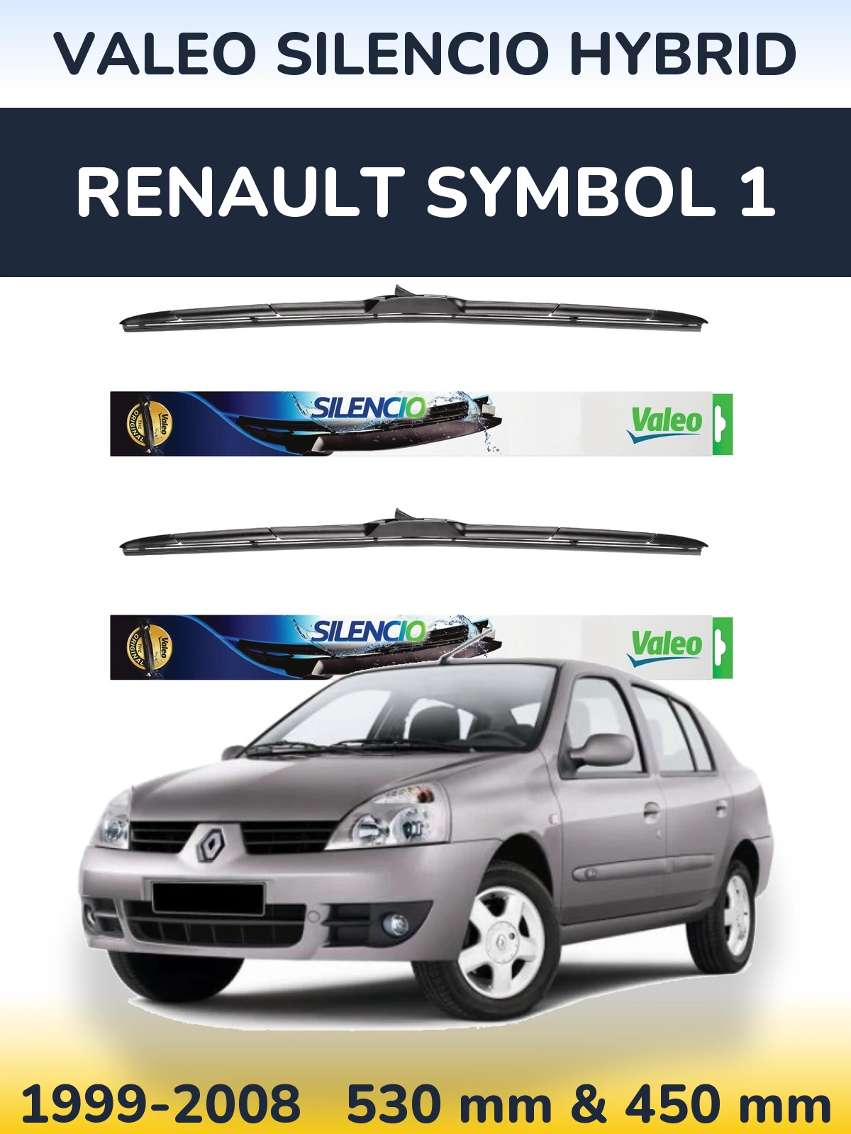 Front wiper blade set Valeo Silencio Hybrid 530 & 450 mm for Renault Symbol 1 1999-2008