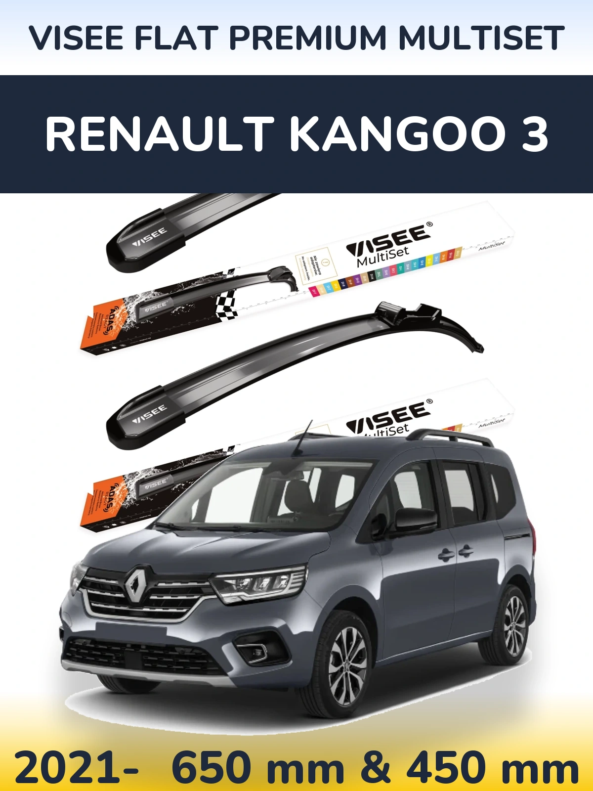 Komplet przednich wycieraczek VISEE FLAT PREMIUM MultiSet 650 & 450 mm do Renault Kangoo 3 2021-2026