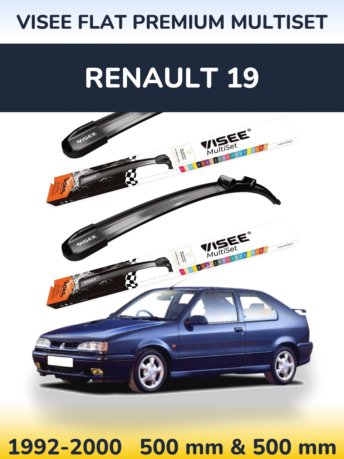 Front wiper blade set VISEE FLAT PREMIUM MultiSet 500 & 500 mm for Renault 19 1992-2000