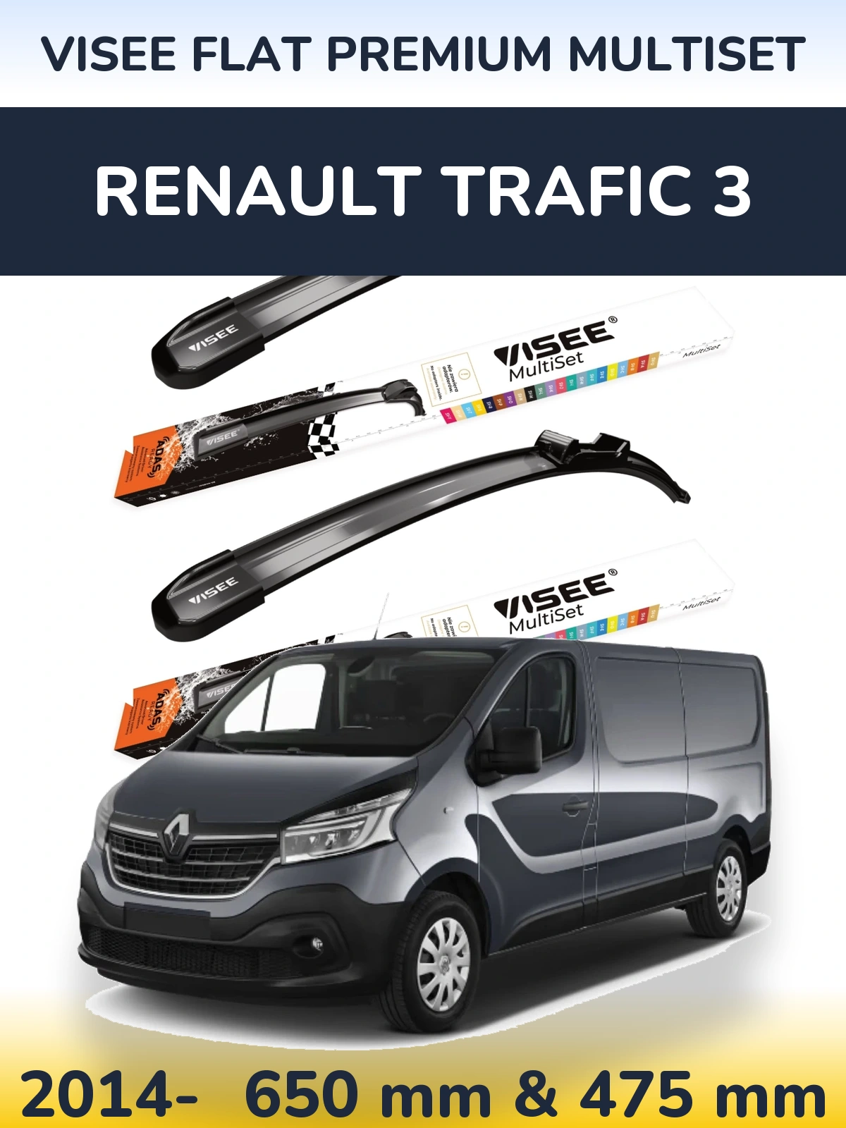 Комплект передних дворников VISEE FLAT PREMIUM MultiSet 650 & 475 мм для Renault Trafic 3 2014-2026