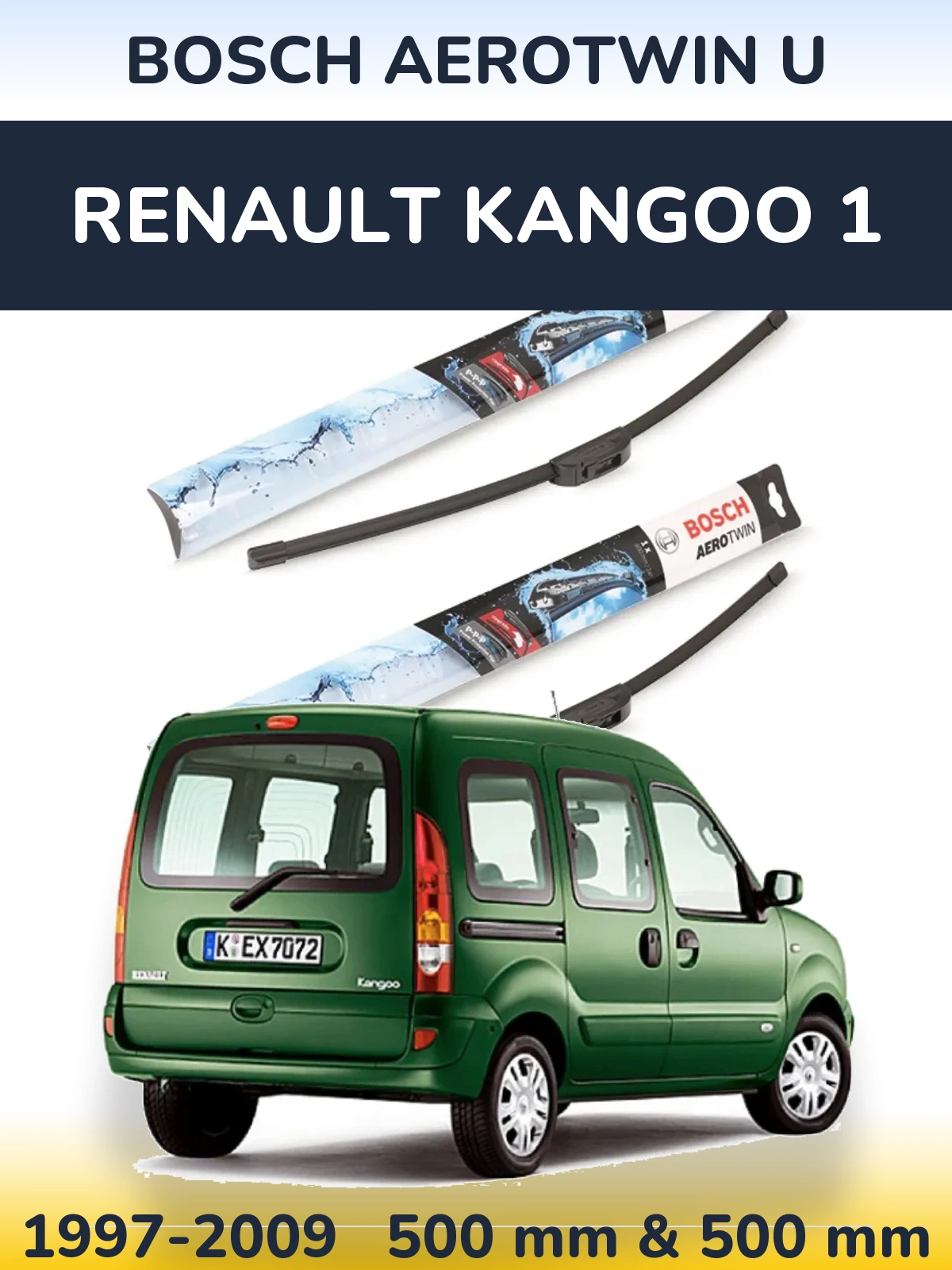 Комплект передних дворников BOSCH AeroTwin U 500 & 500 мм для Renault Kangoo 1 1997-2009