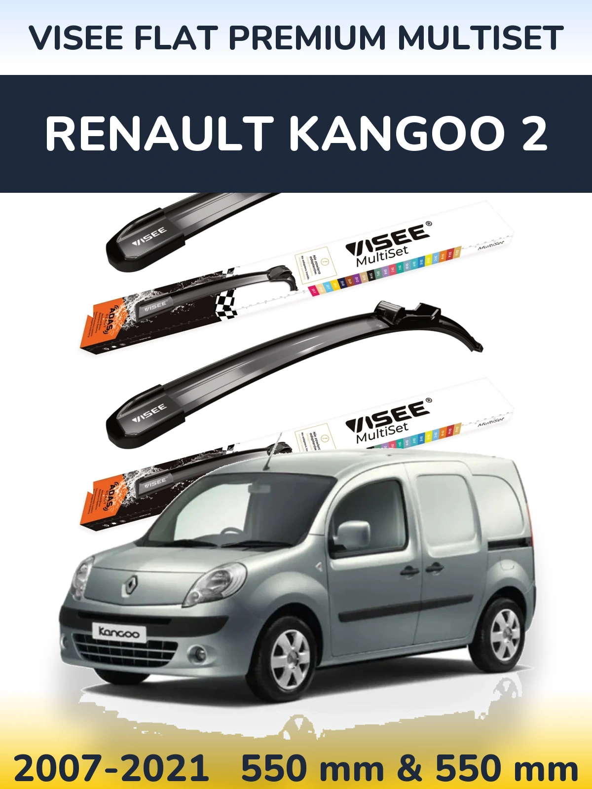 Komplet przednich wycieraczek VISEE FLAT PREMIUM MultiSet 550 & 550 mm do Renault Kangoo 2 2007-2021