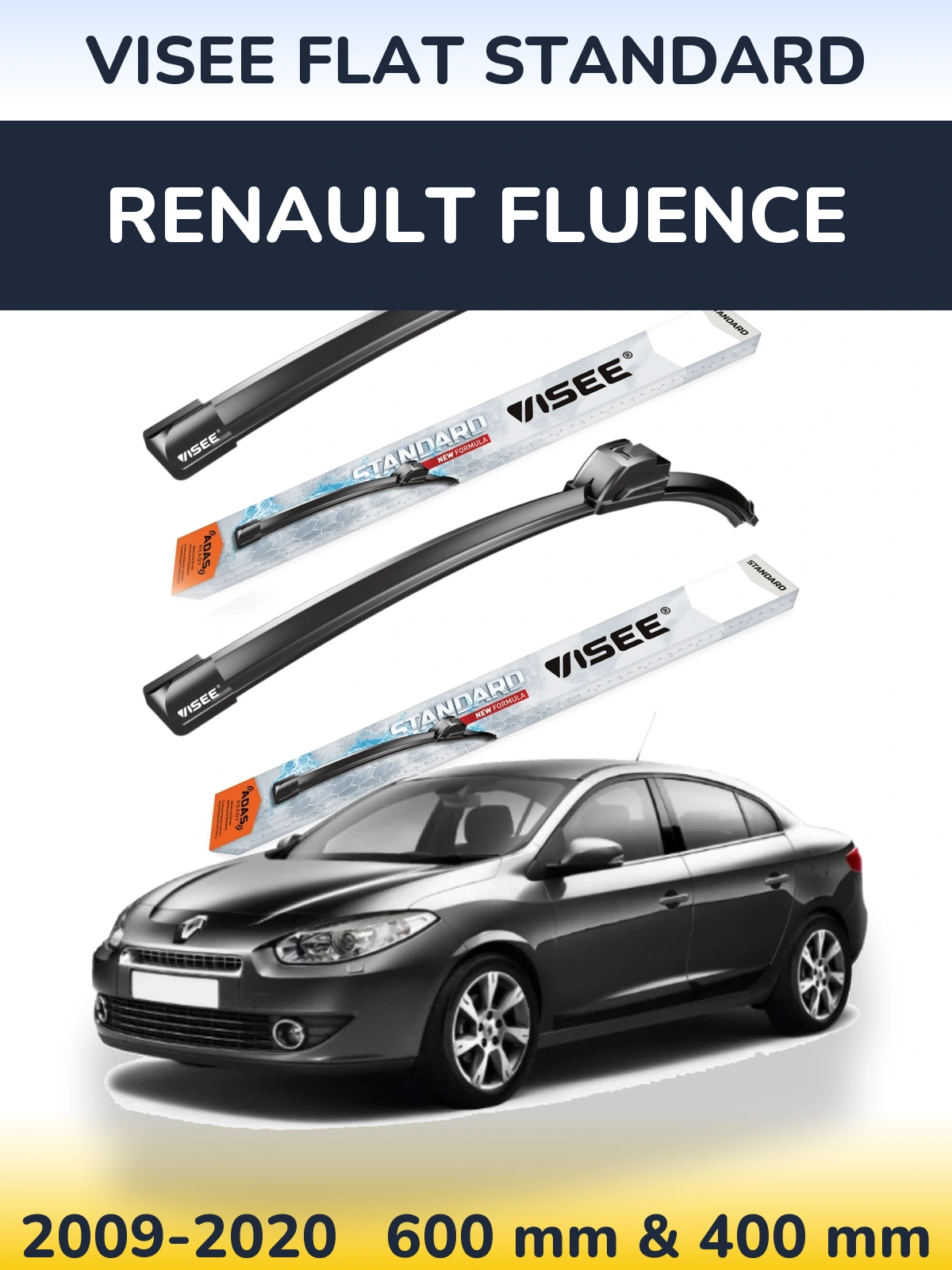 Front wiper blade set VISEE FLAT STANDARD 600 & 400 mm for Renault Fluence 2009-2020