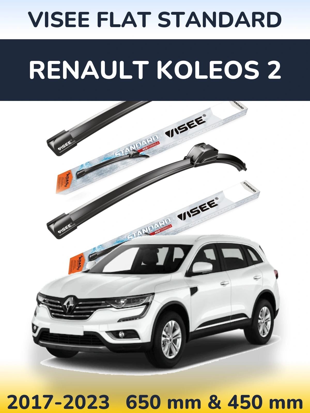 Komplet przednich wycieraczek VISEE FLAT STANDARD 650 & 450 mm do Renault Koleos 2 2017-2023