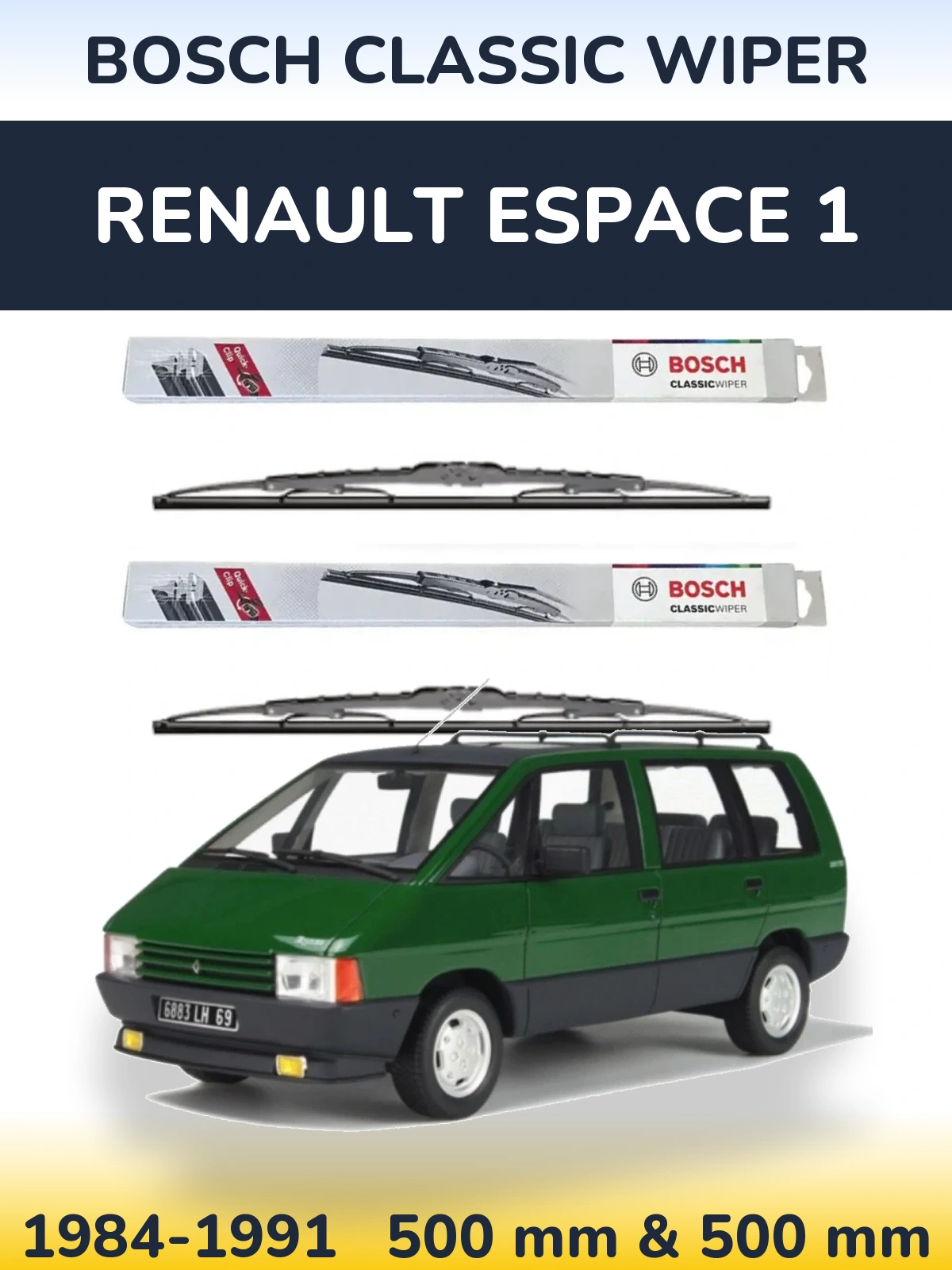 Комплект передних дворников BOSCH Classic Wiper 500 & 500 мм для Renault Espace 1 1984-1991