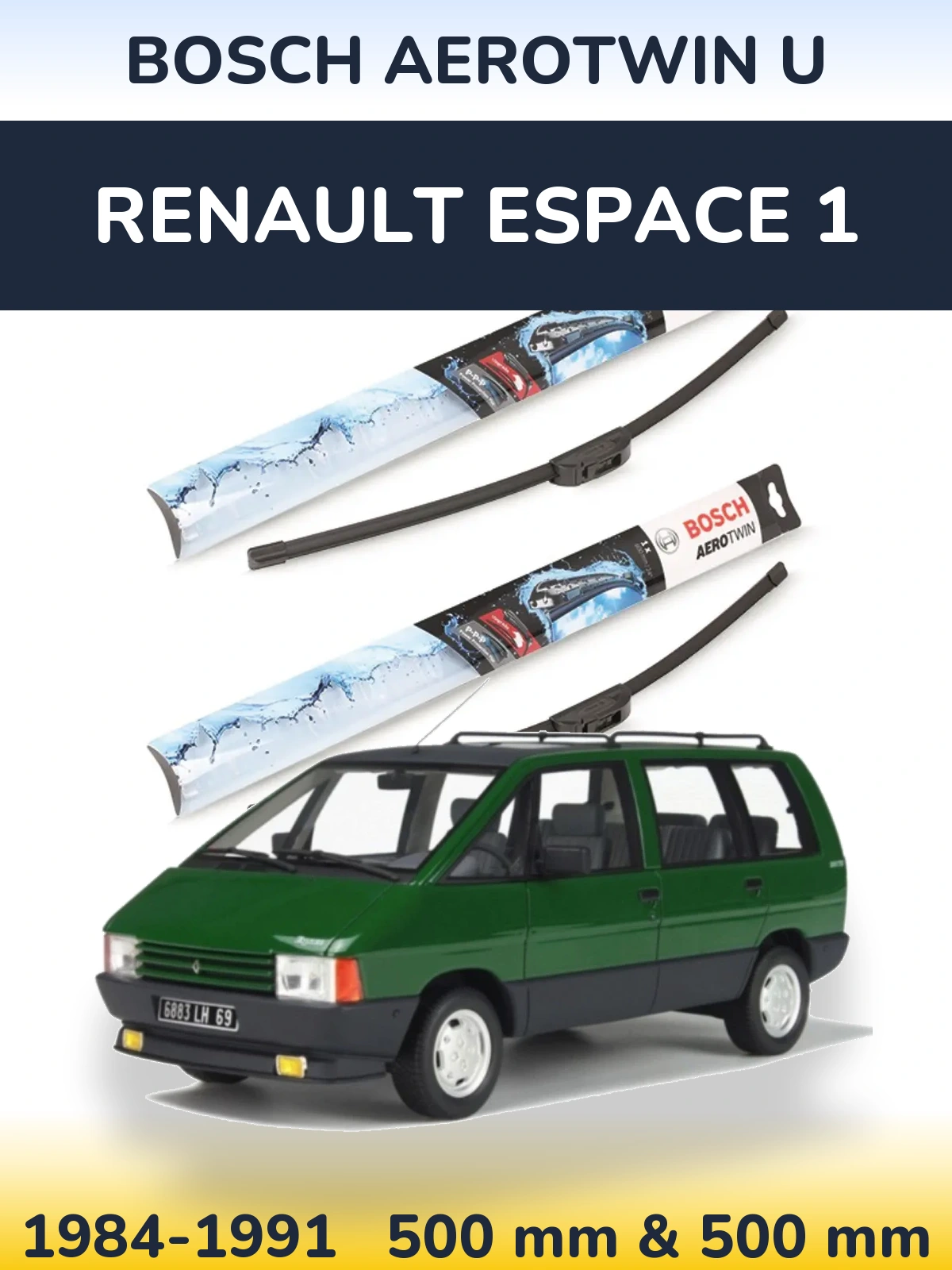 Комплект передних дворников BOSCH AeroTwin U 500 & 500 мм для Renault Espace 1 1984-1991