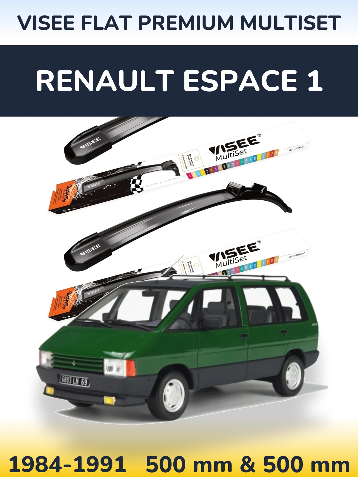 Komplet przednich wycieraczek VISEE FLAT PREMIUM MultiSet 500 & 500 mm do Renault Espace 1 1984-1991