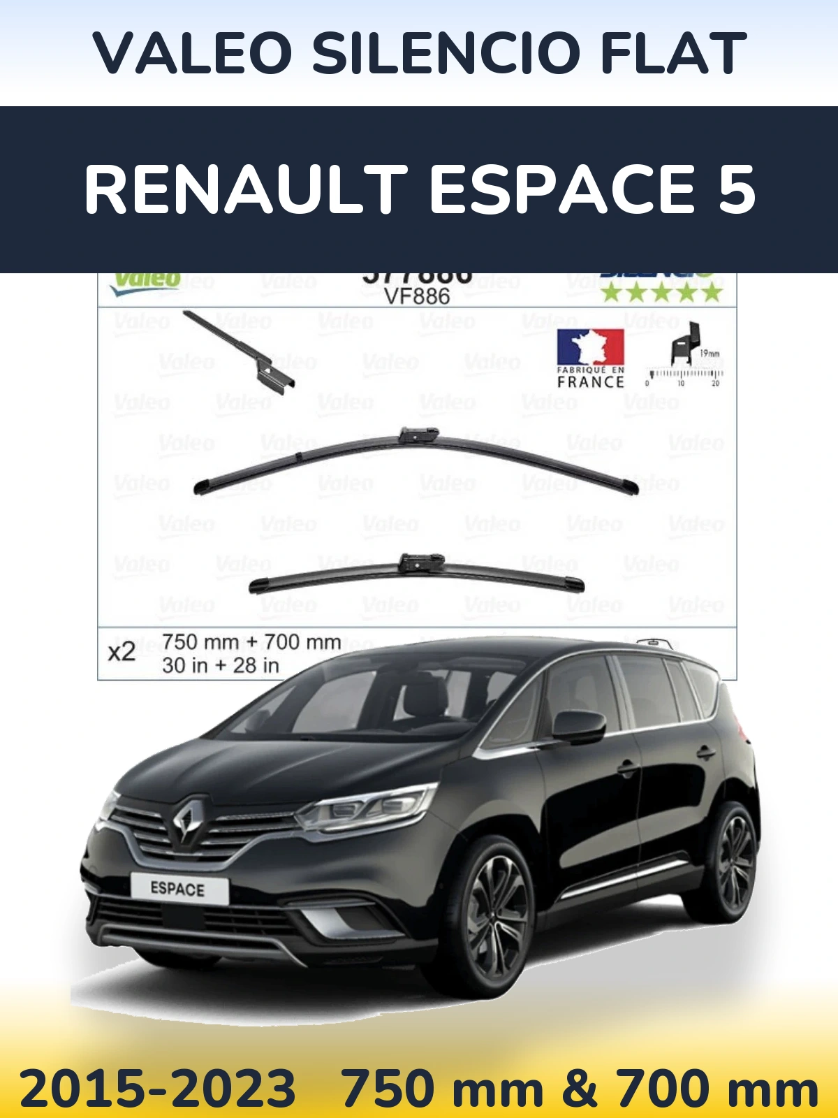 Комплект передних дворников Valeo Silencio Flat 750 & 700 мм для Renault Espace 5 2015-2023