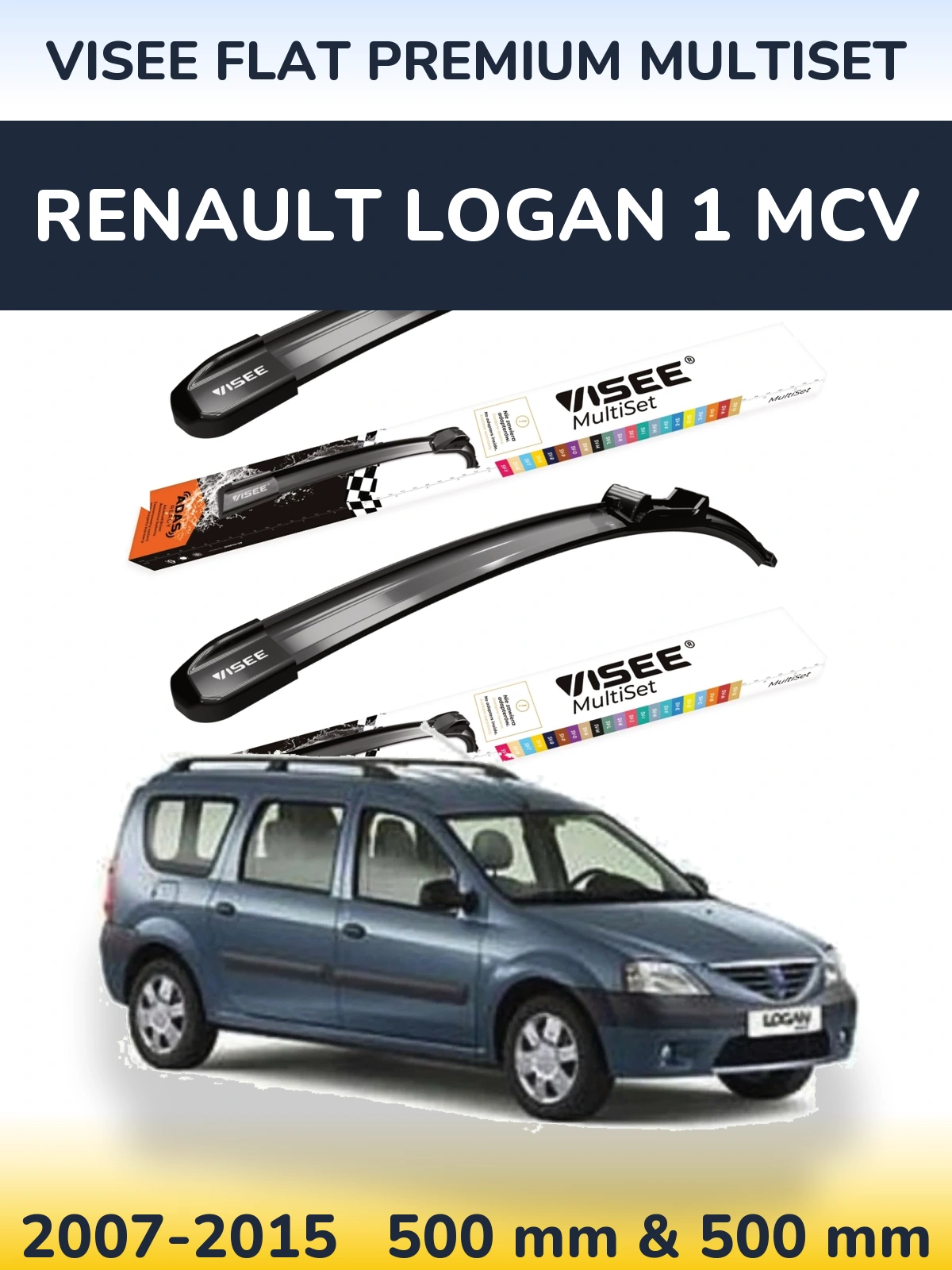 Front wiper blade set VISEE FLAT PREMIUM MultiSet 500 & 500 mm for Renault Logan 1 MCV 2007-2015