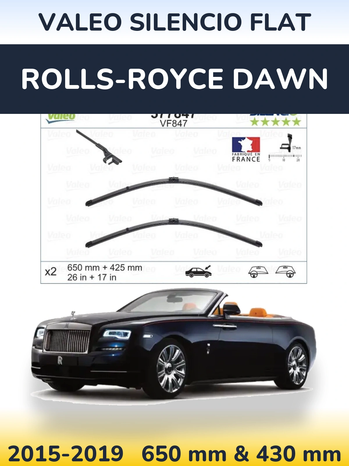 Komplet przednich wycieraczek Valeo Silencio Flat 650 & 430 mm do Rolls-Royce Dawn 2015-2019