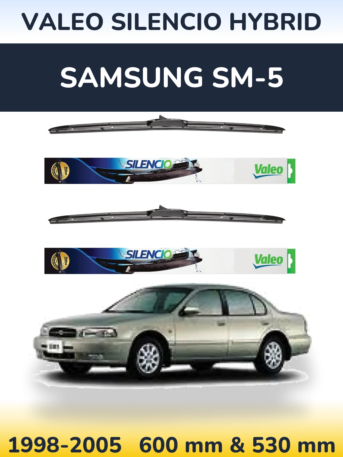 Front wiper blade set Valeo Silencio Hybrid 600 & 530 mm for Samsung SM-5 1998-2005