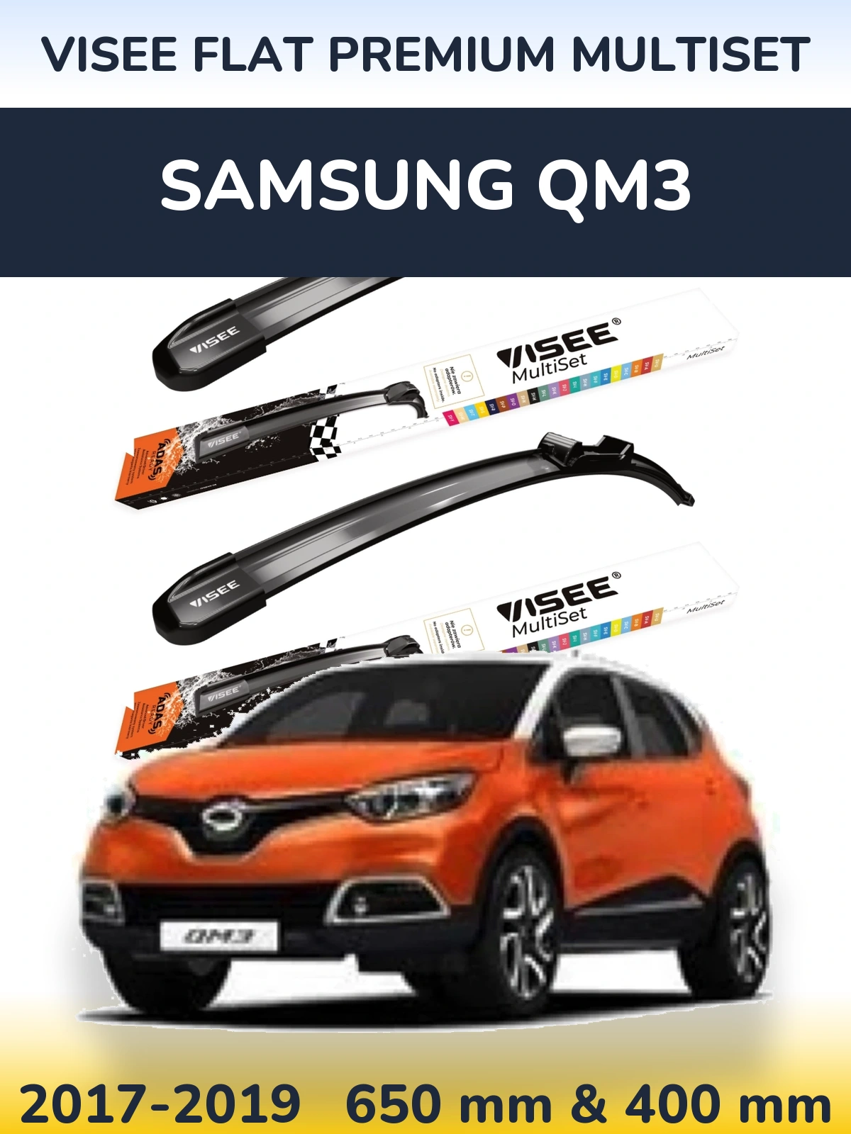 Komplet przednich wycieraczek VISEE FLAT PREMIUM MultiSet 650 & 400 mm do Samsung QM3 2017-2019