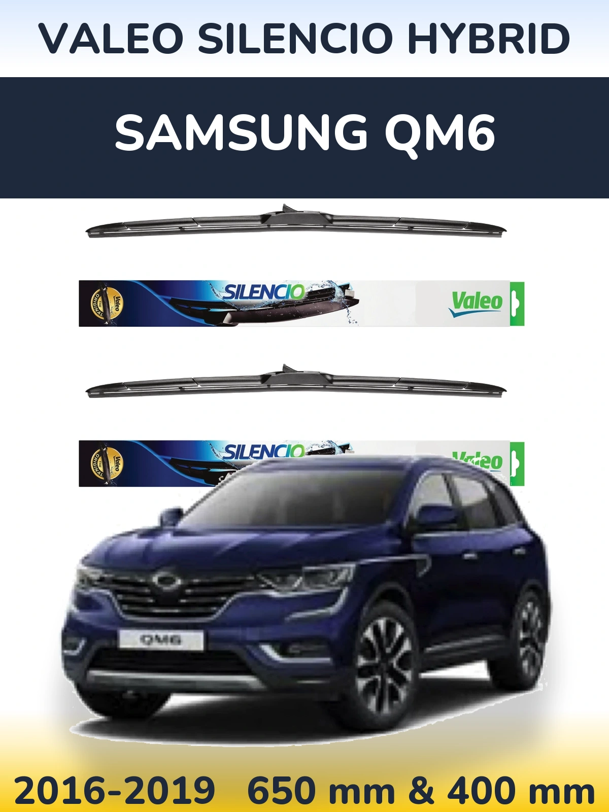 Front wiper blade set Valeo Silencio Hybrid 650 & 400 mm for Samsung QM6 2016-2019