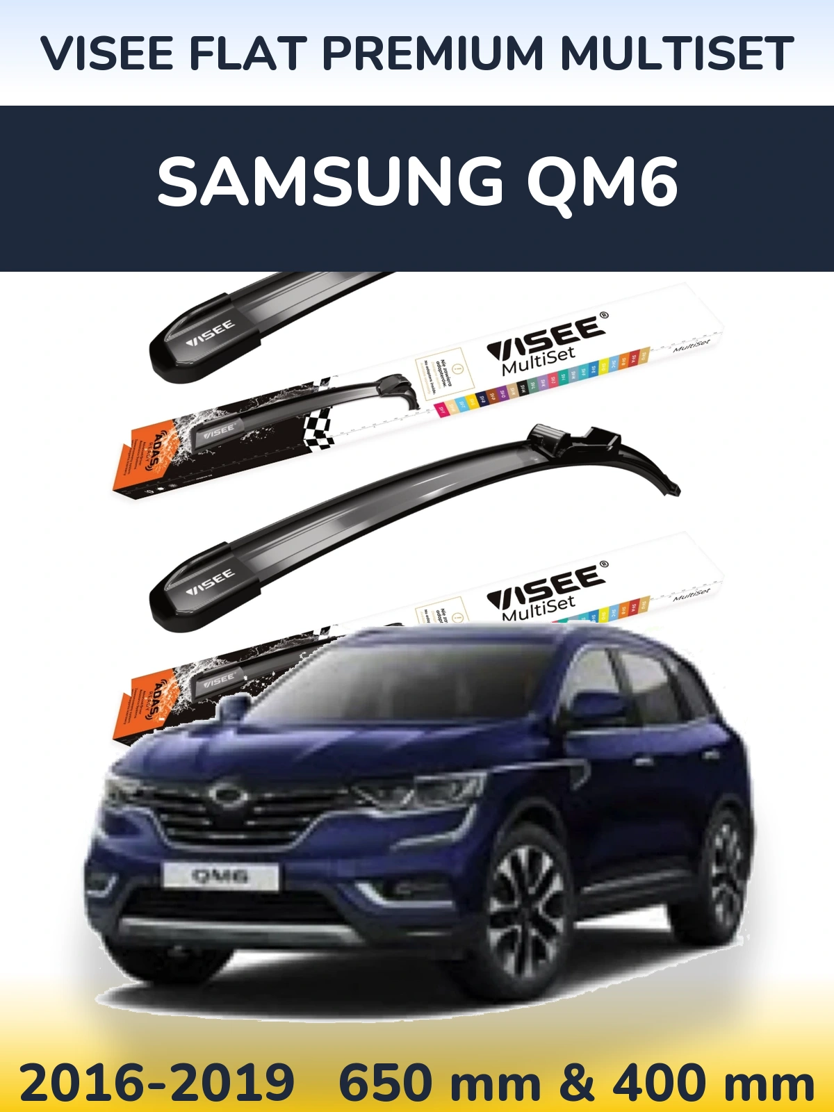 Komplet przednich wycieraczek VISEE FLAT PREMIUM MultiSet 650 & 400 mm do Samsung QM6 2016-2019