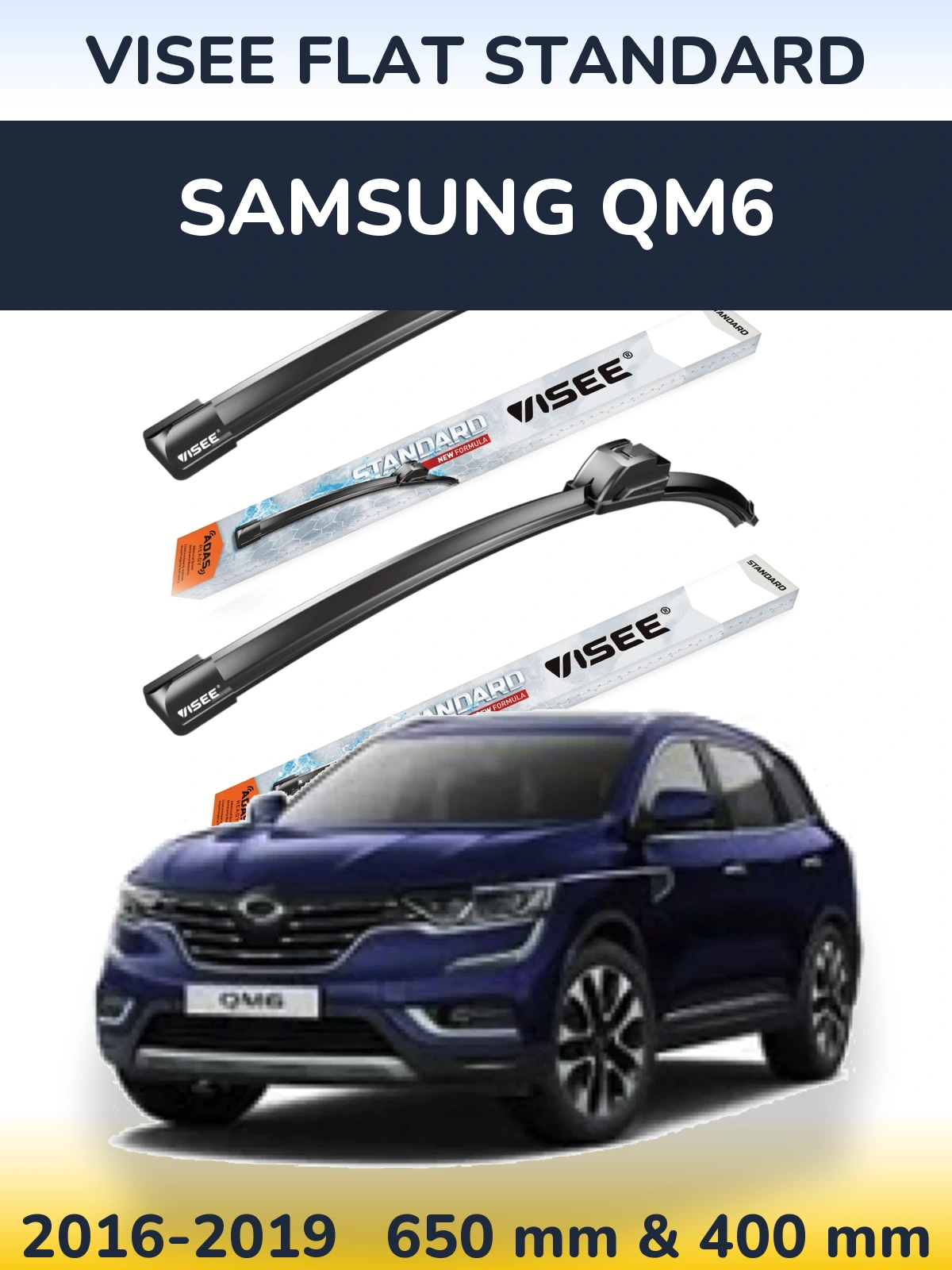 Komplet przednich wycieraczek VISEE FLAT STANDARD 650 & 400 mm do Samsung QM6 2016-2019